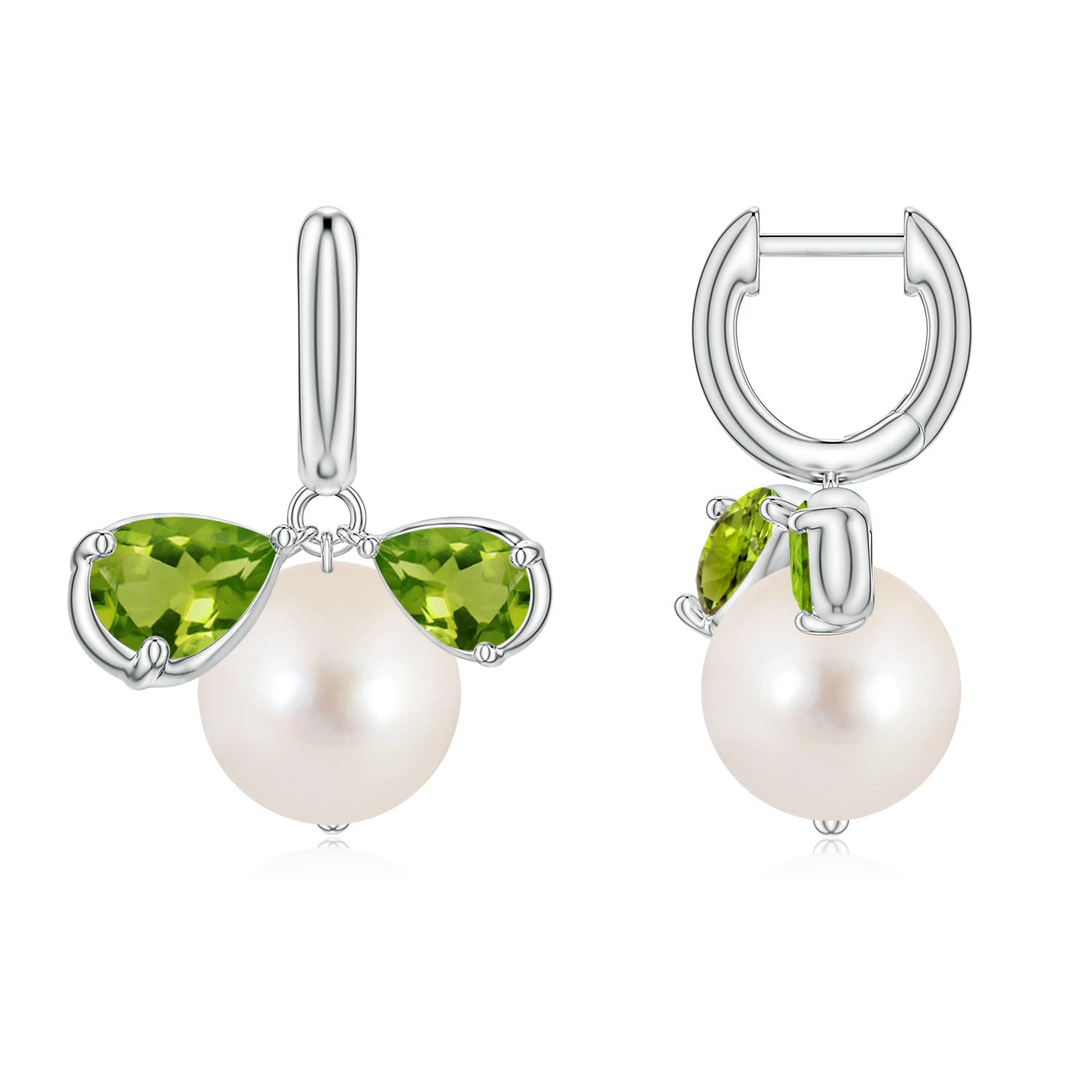 9mm AAAA Freshwater Pearl and Pear Peridot Huggie Hoop Drop Earrings in White Gold