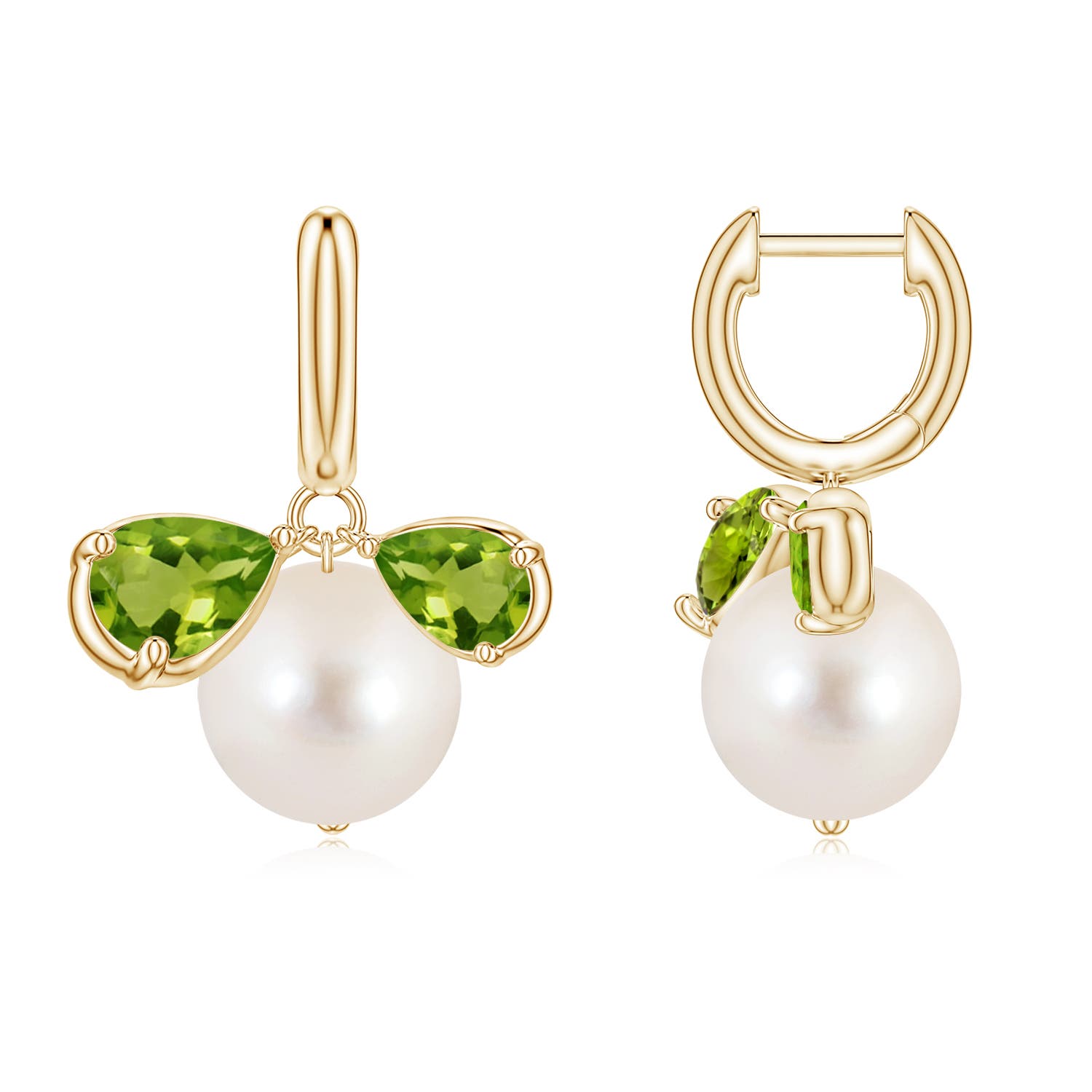 9mm AAAA Freshwater Pearl and Pear Peridot Huggie Hoop Drop Earrings in Yellow Gold
