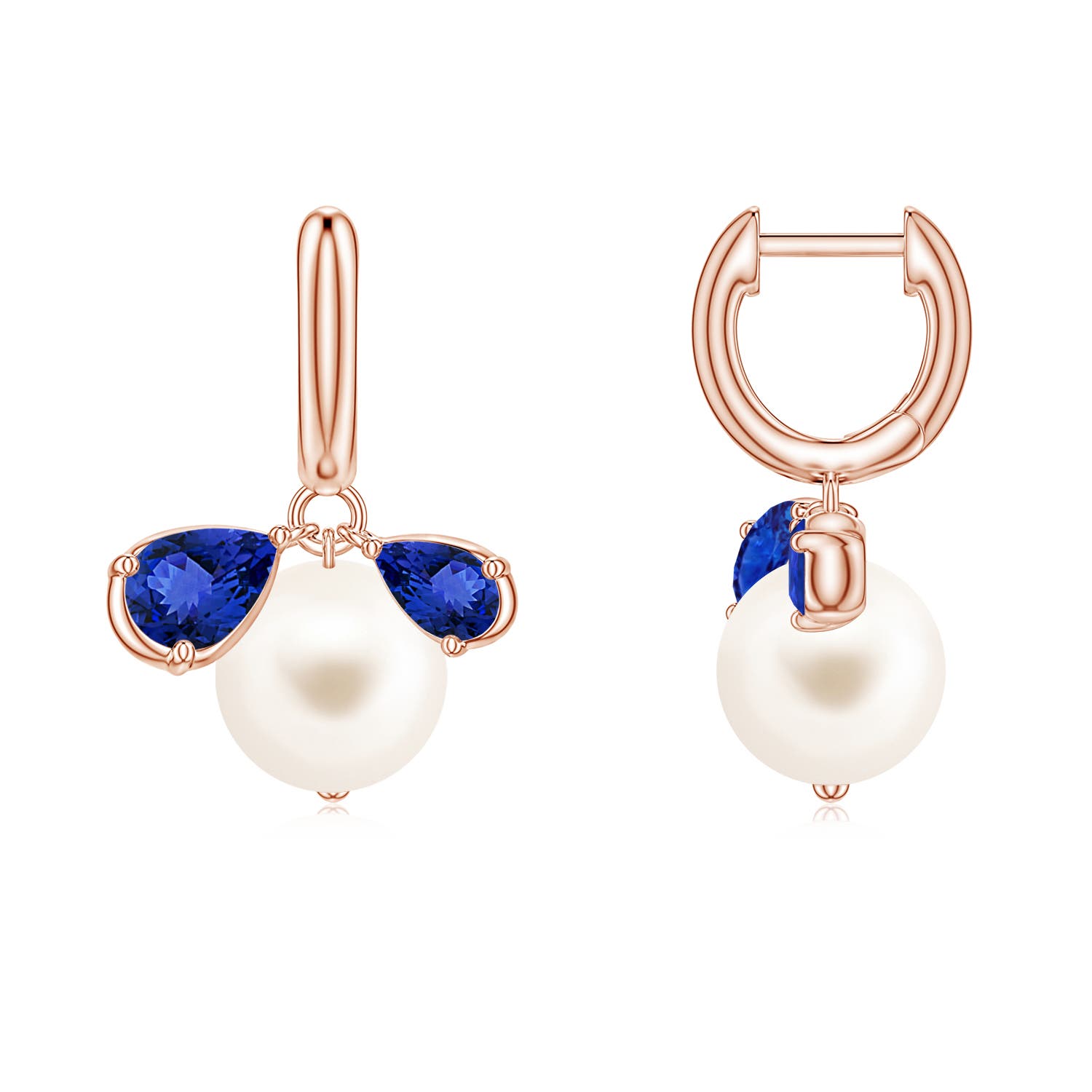 8mm AAA Freshwater Pearl and Pear Tanzanite Huggie Hoop Drop Earrings in Rose Gold