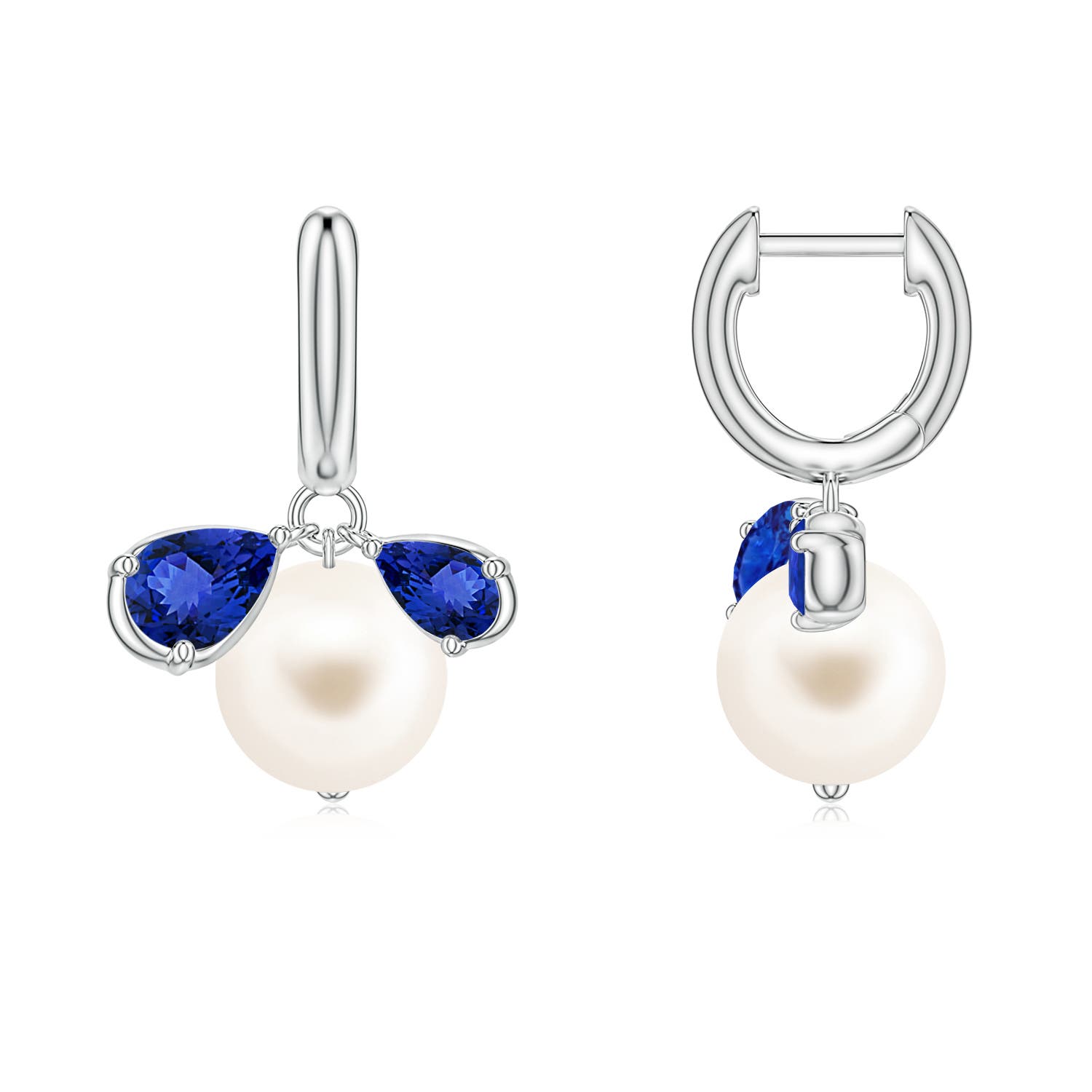 8mm AAA Freshwater Pearl and Pear Tanzanite Huggie Hoop Drop Earrings in White Gold