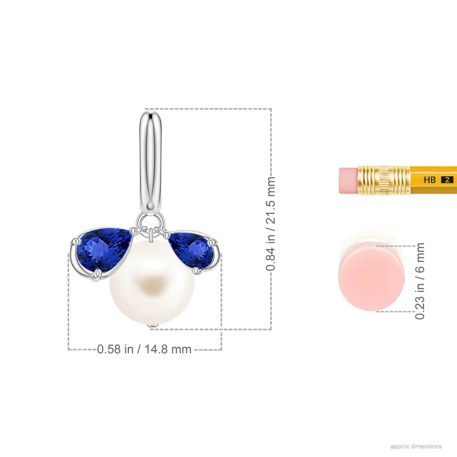 8mm AAA Freshwater Pearl and Pear Tanzanite Huggie Hoop Drop Earrings in White Gold - ruler