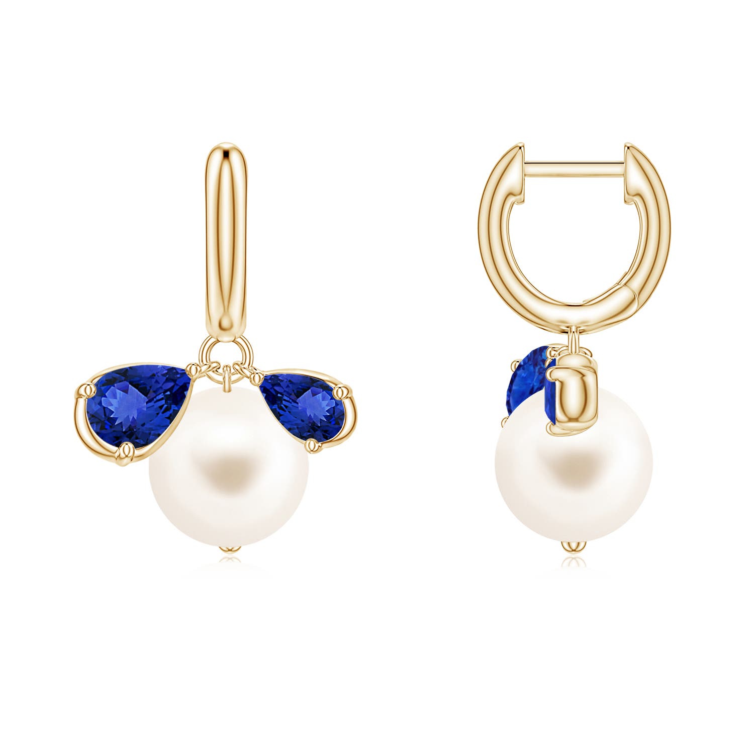 8mm AAA Freshwater Pearl and Pear Tanzanite Huggie Hoop Drop Earrings in Yellow Gold
