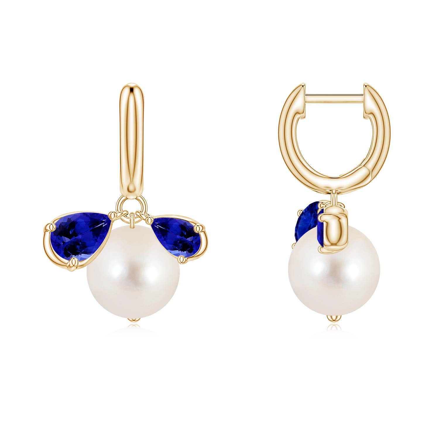 8mm AAAA Freshwater Pearl and Pear Tanzanite Huggie Hoop Drop Earrings in Yellow Gold