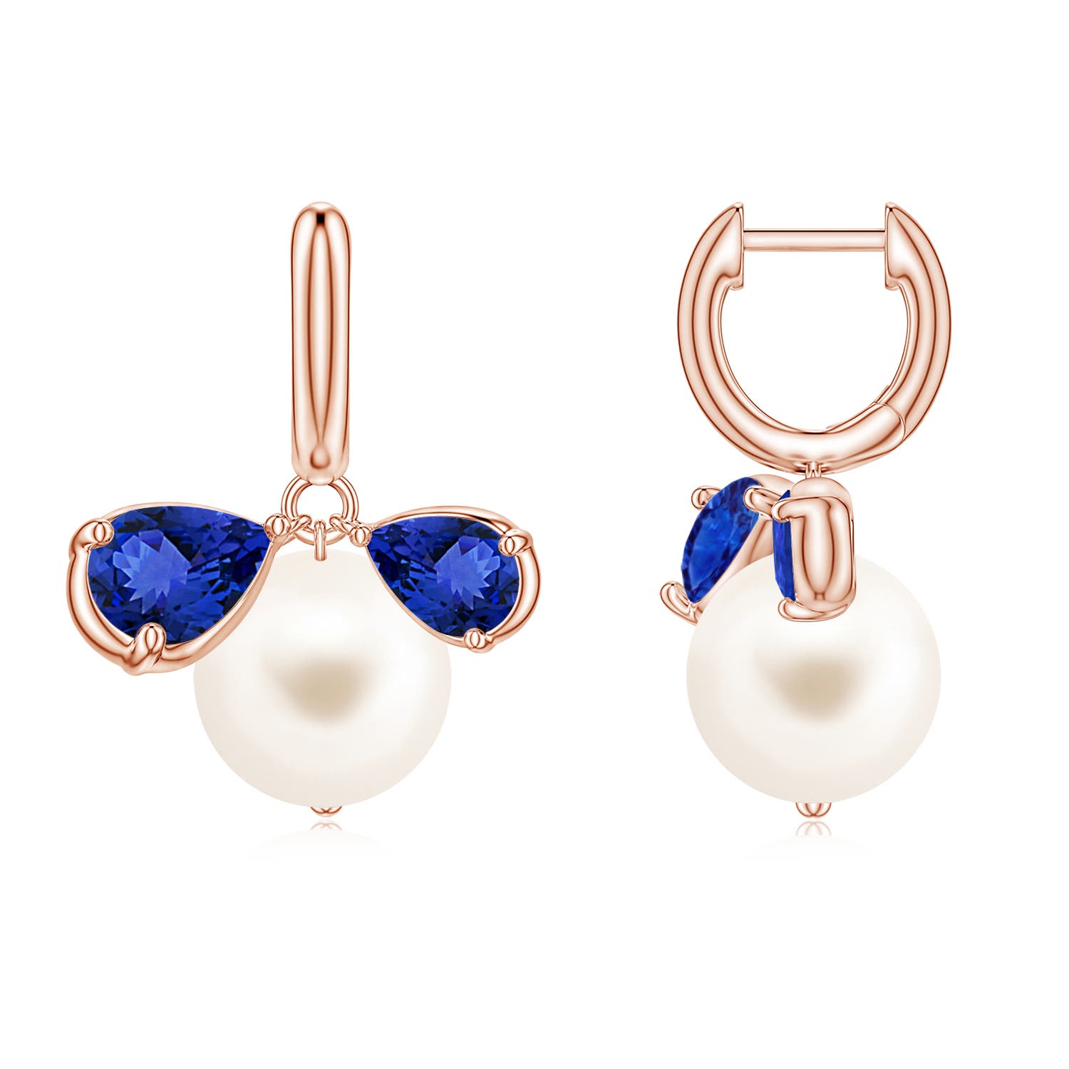 9mm AAA Freshwater Pearl and Pear Tanzanite Huggie Hoop Drop Earrings in Rose Gold