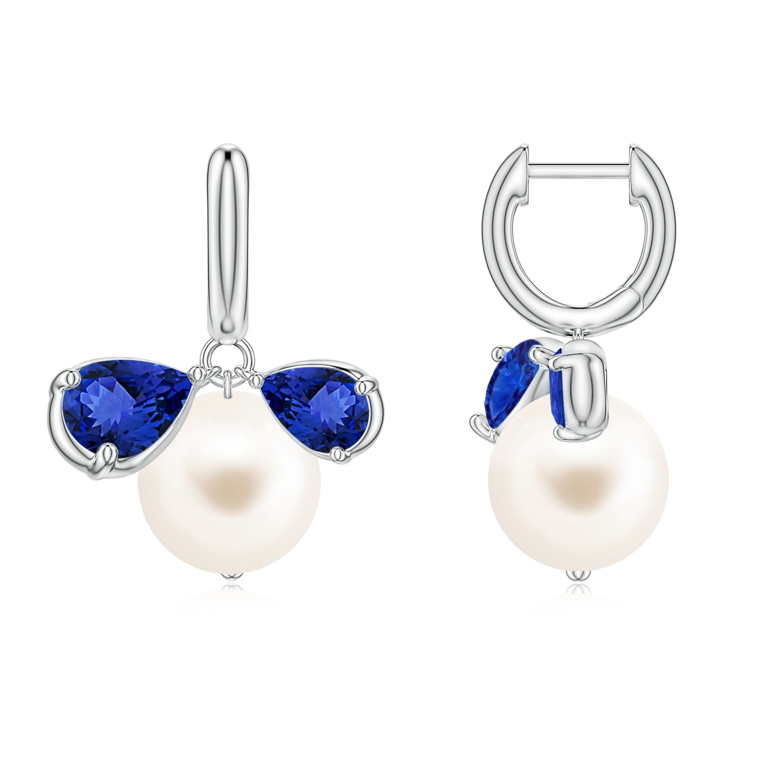 9mm AAA Freshwater Pearl and Pear Tanzanite Huggie Hoop Drop Earrings in White Gold