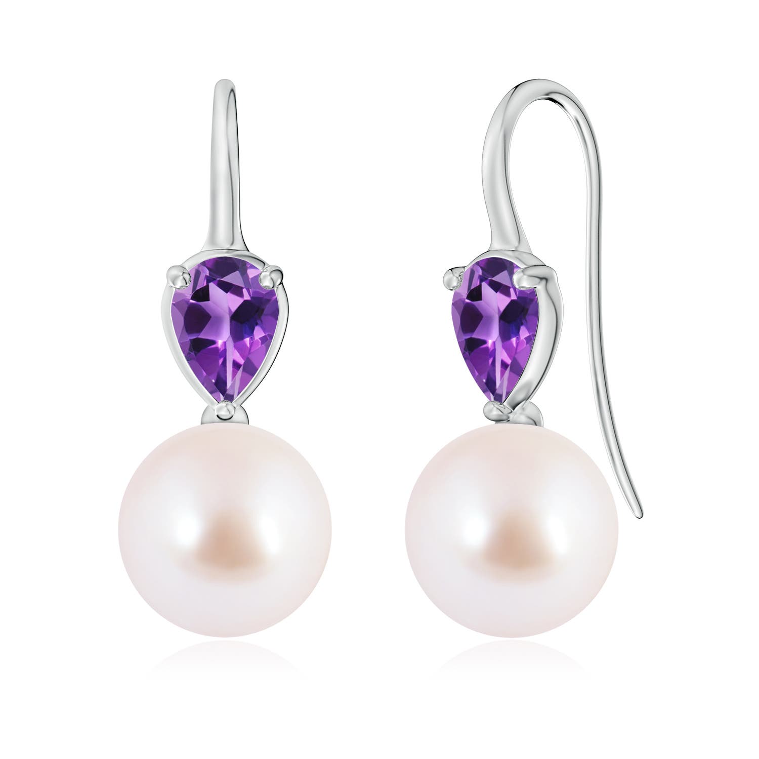 10mm AAA Akoya Pearl and Pear Amethyst Ear Wire Earrings in White Gold