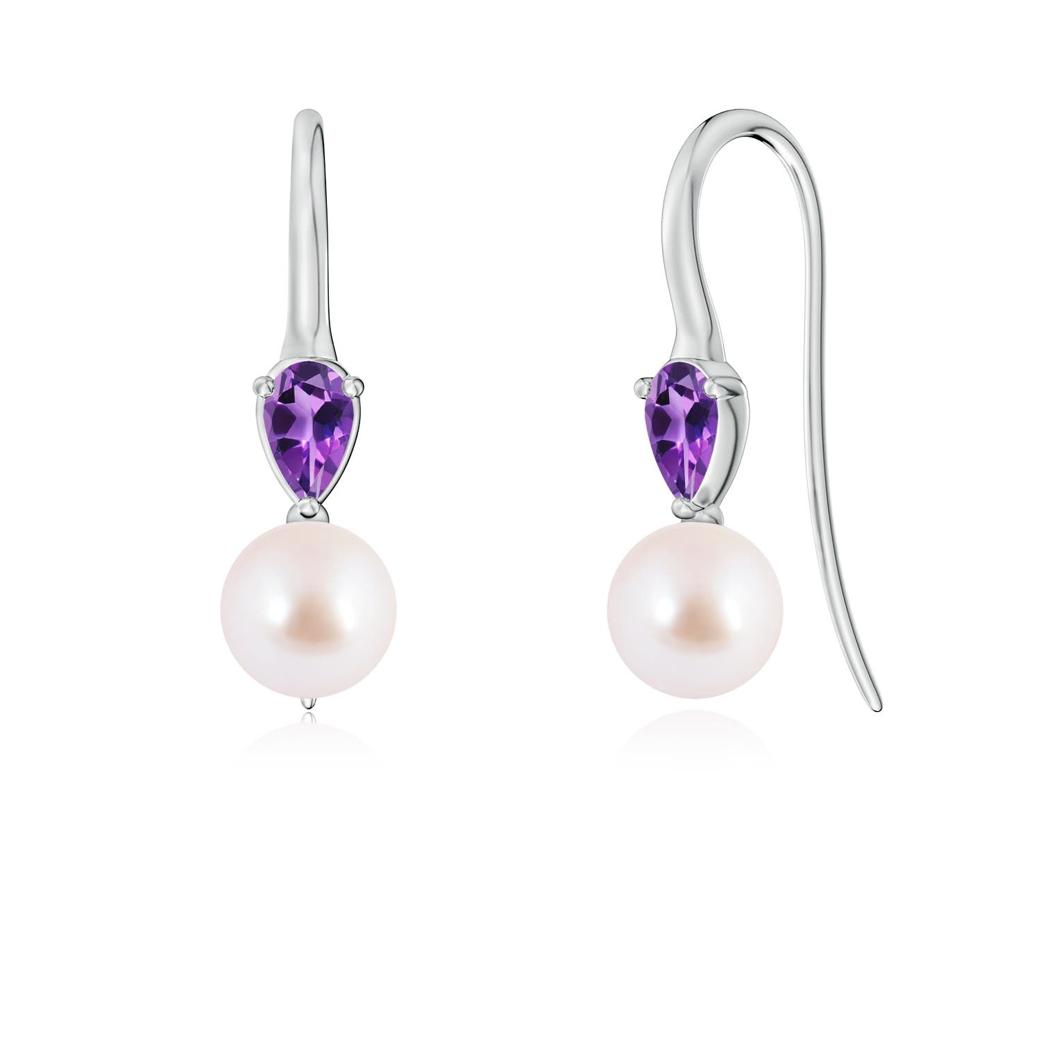 6mm AAA Akoya Pearl and Pear Amethyst Ear Wire Earrings in White Gold
