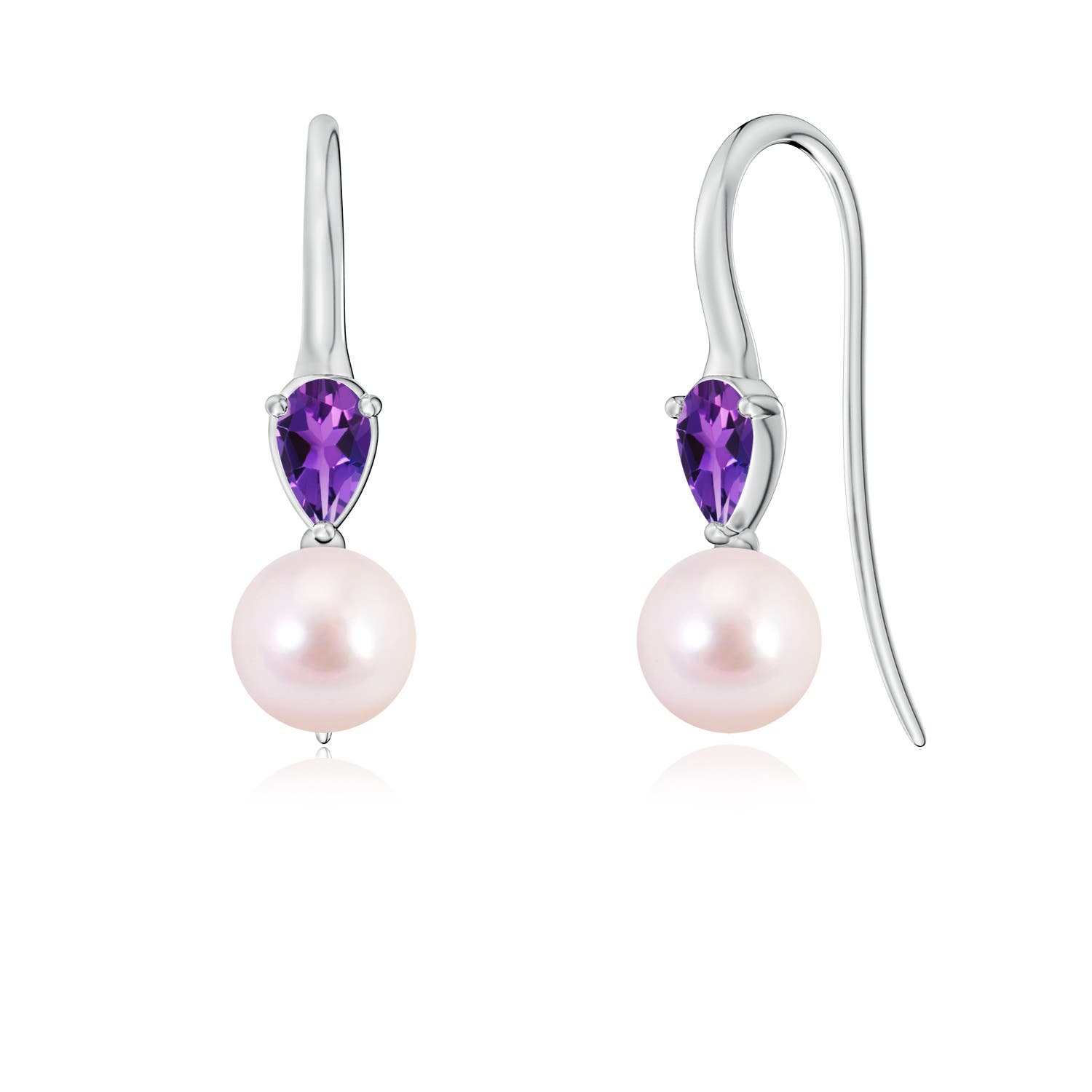 6mm AAAA Akoya Pearl and Pear Amethyst Ear Wire Earrings in 18CT White Gold