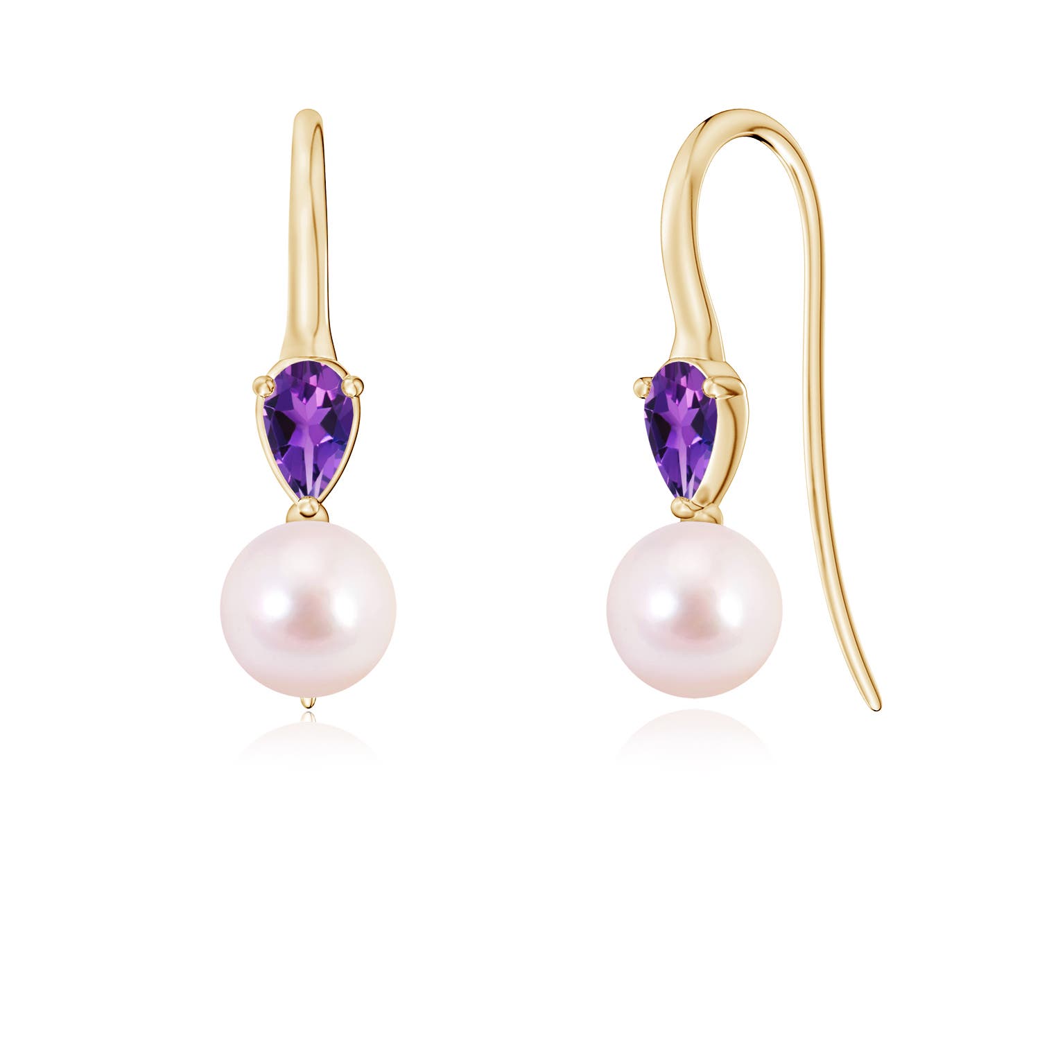 6mm AAAA Akoya Pearl and Pear Amethyst Ear Wire Earrings in 18K Yellow Gold