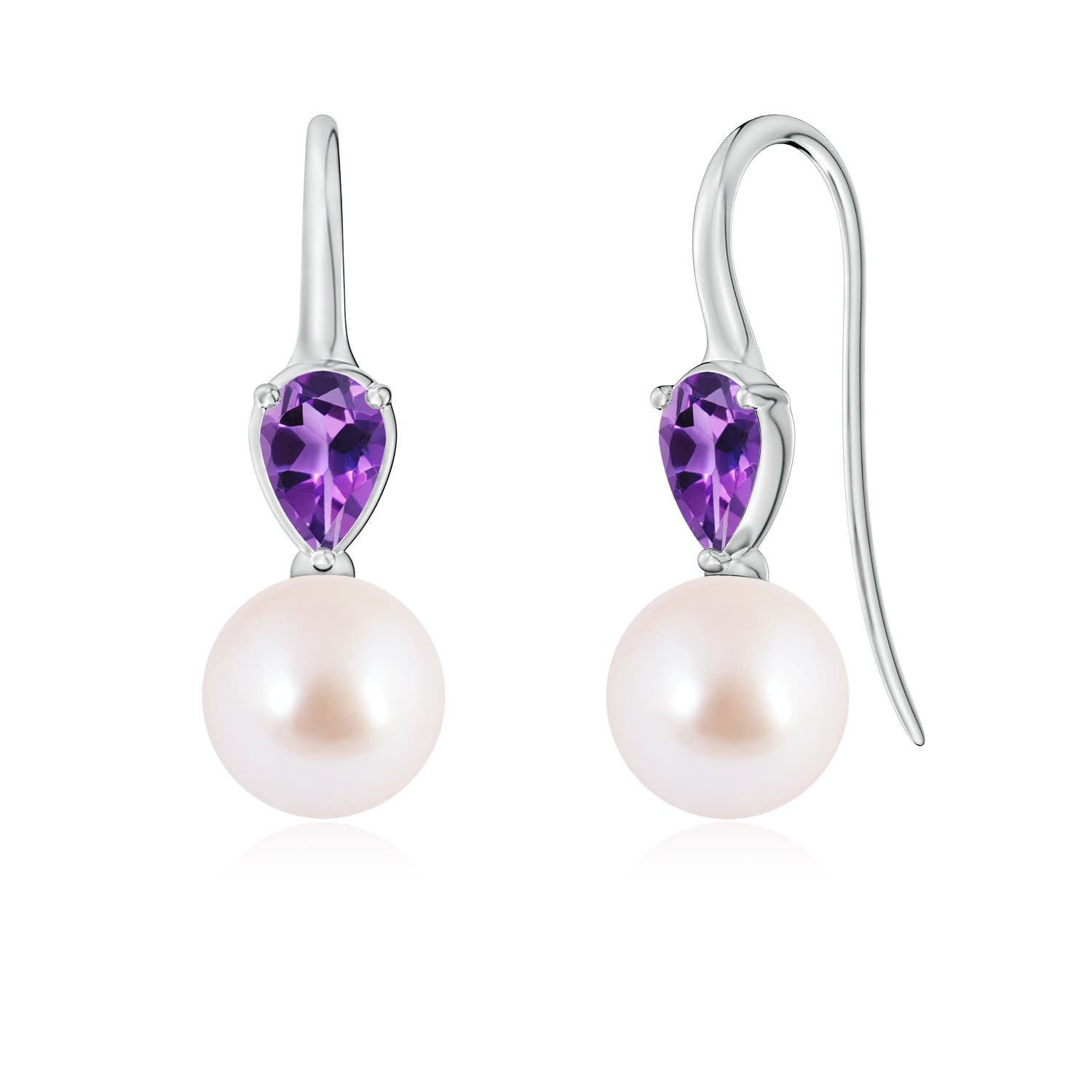 8mm AAA Akoya Pearl and Pear Amethyst Ear Wire Earrings in White Gold
