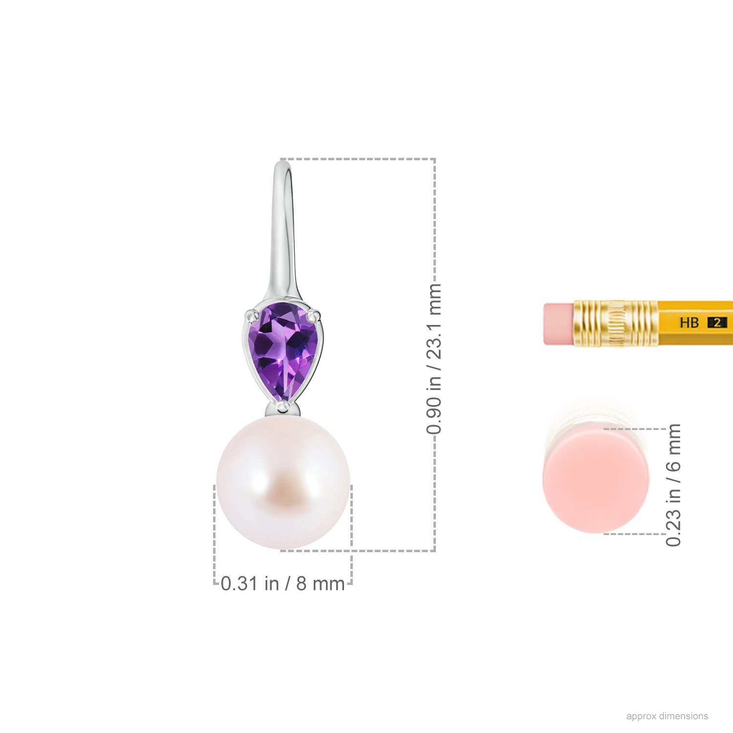 8mm AAA Akoya Pearl and Pear Amethyst Ear Wire Earrings in White Gold - ruler