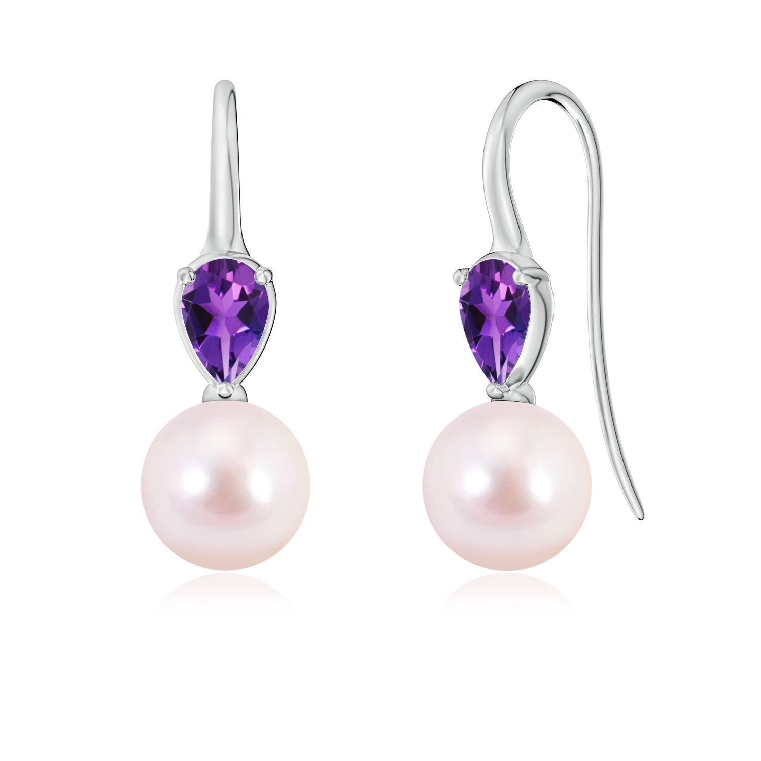 8mm AAAA Akoya Pearl and Pear Amethyst Ear Wire Earrings in 18K White Gold