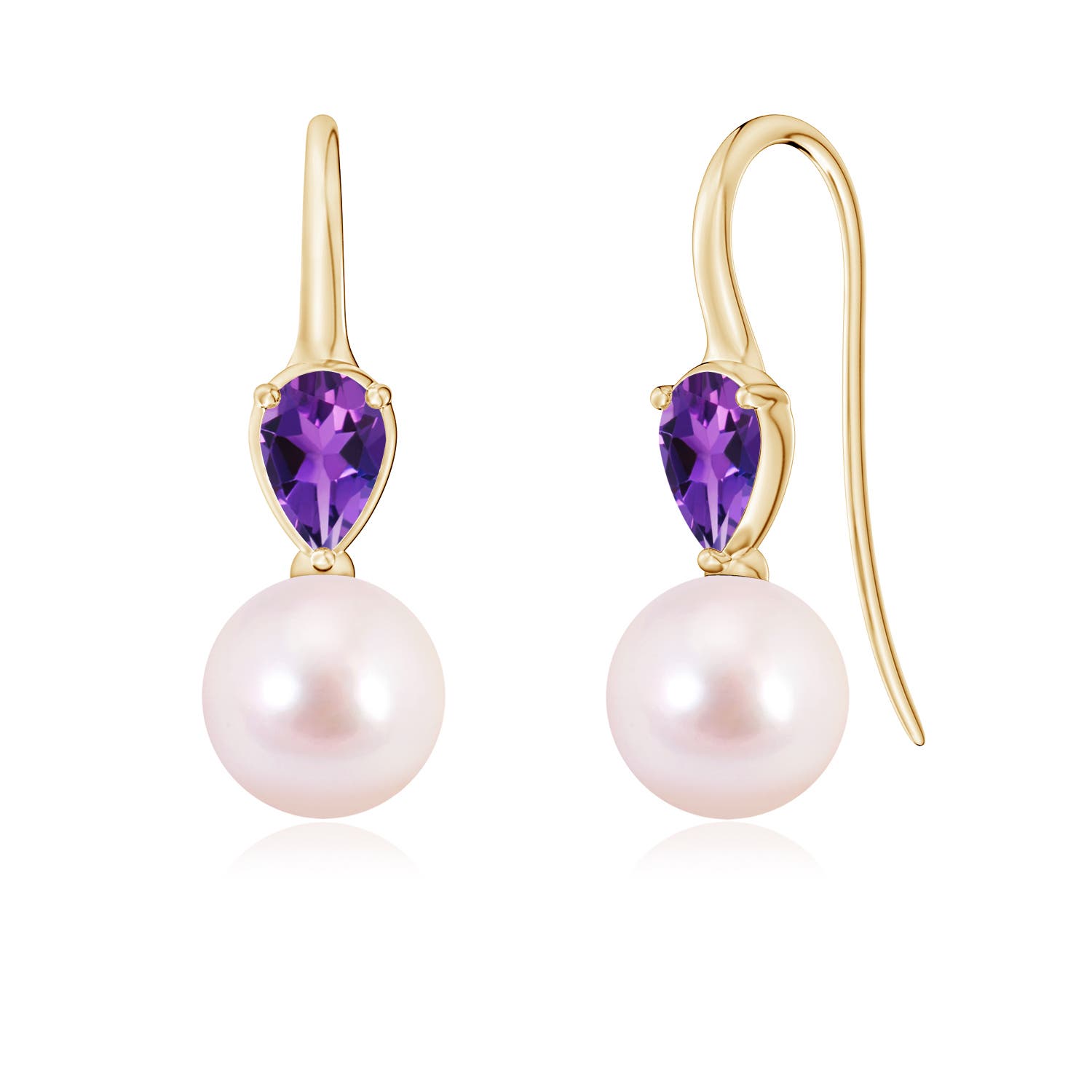 8mm AAAA Akoya Pearl and Pear Amethyst Ear Wire Earrings in Yellow Gold
