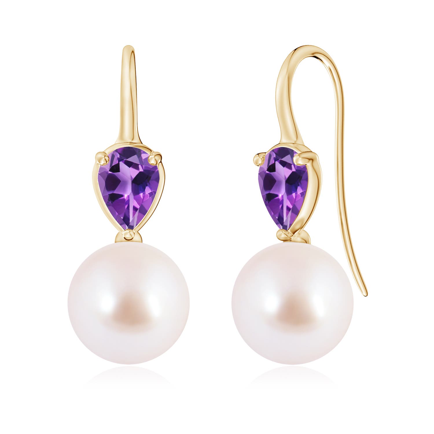 9mm AAA Akoya Pearl and Pear Amethyst Ear Wire Earrings in Yellow Gold