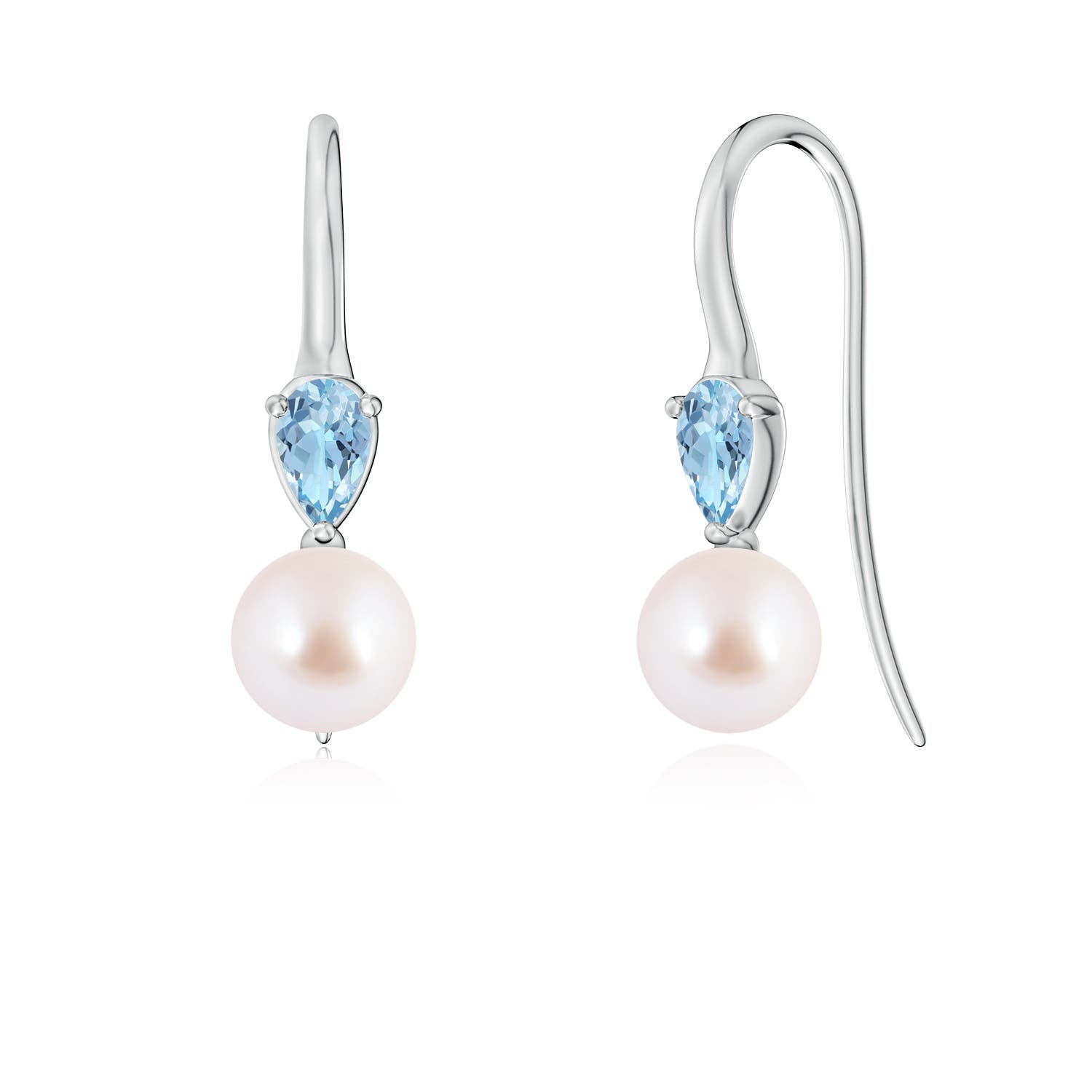 6mm AAA Akoya Pearl and Pear Aquamarine Ear Wire Earrings in White Gold