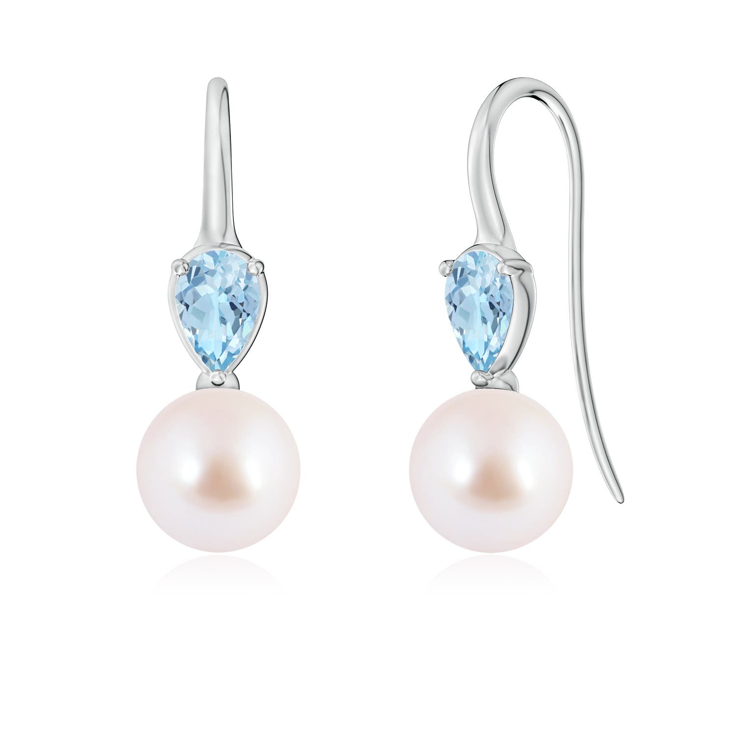 8mm AAA Akoya Pearl and Pear Aquamarine Ear Wire Earrings in 18K White Gold