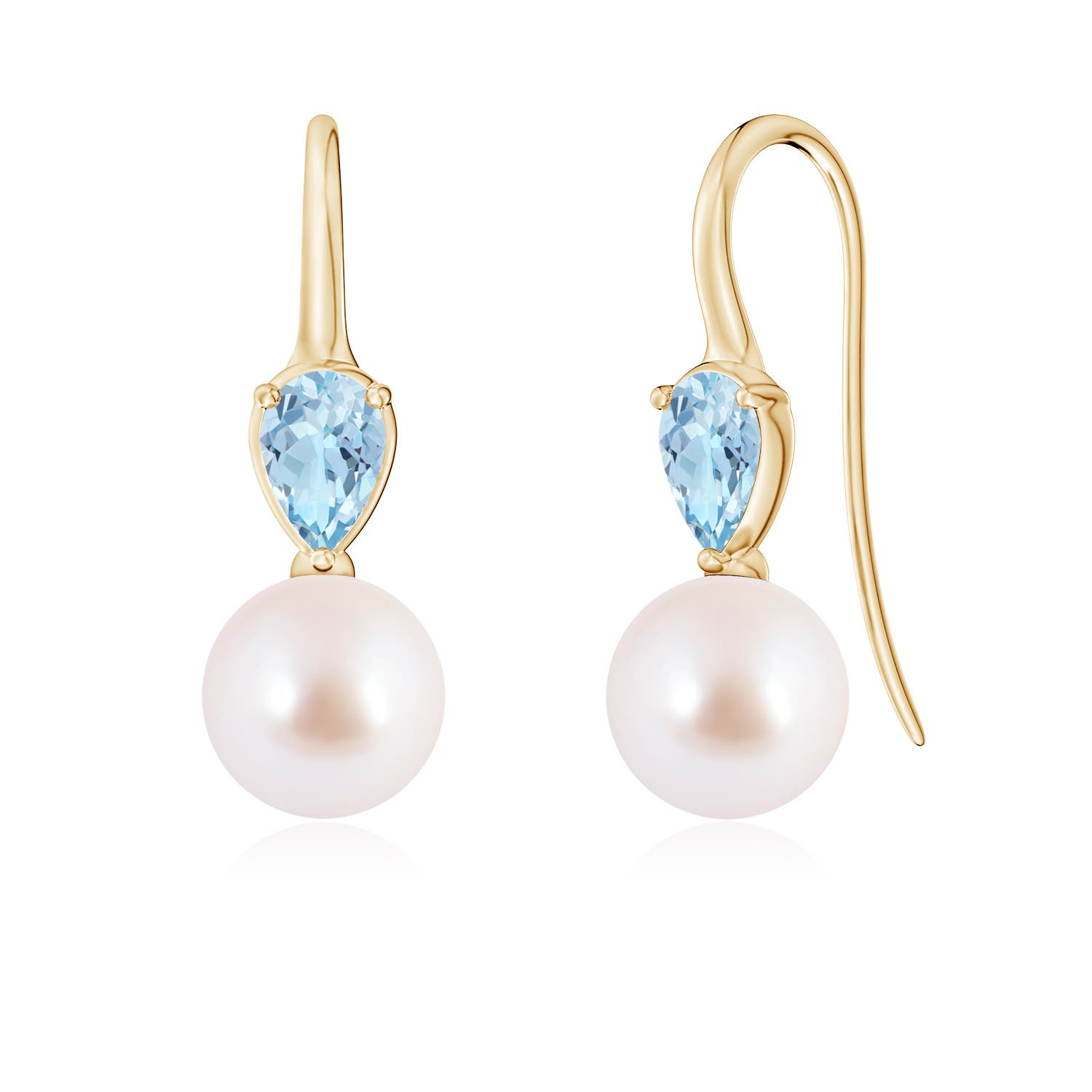 8mm AAA Akoya Pearl and Pear Aquamarine Ear Wire Earrings in Yellow Gold