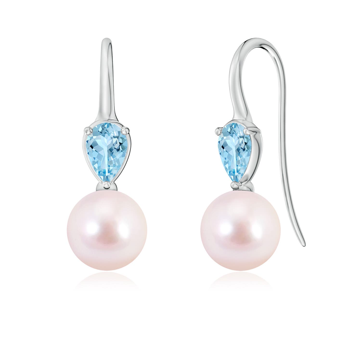 8mm AAAA Akoya Pearl and Pear Aquamarine Ear Wire Earrings in White Gold