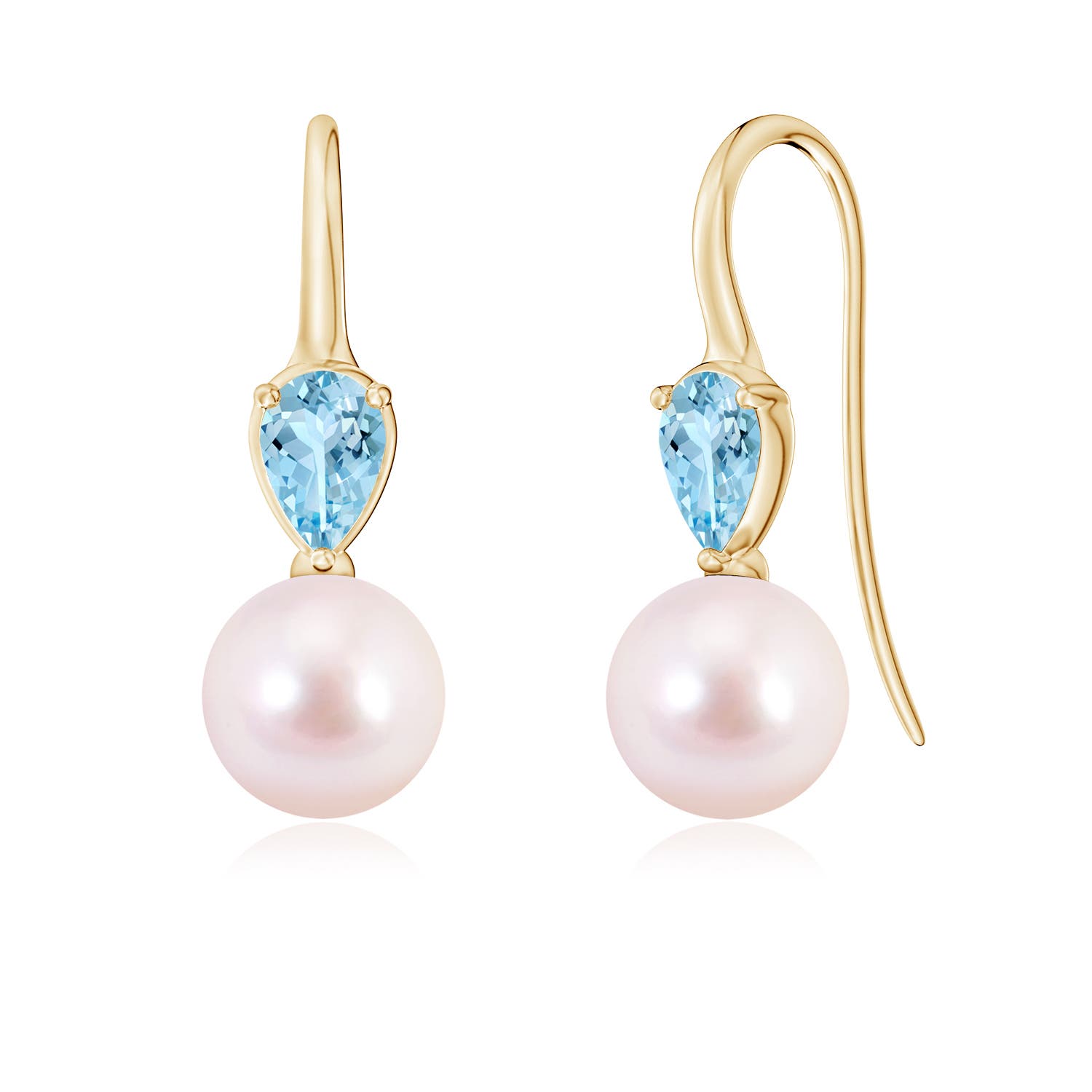 8mm AAAA Akoya Pearl and Pear Aquamarine Ear Wire Earrings in Yellow Gold
