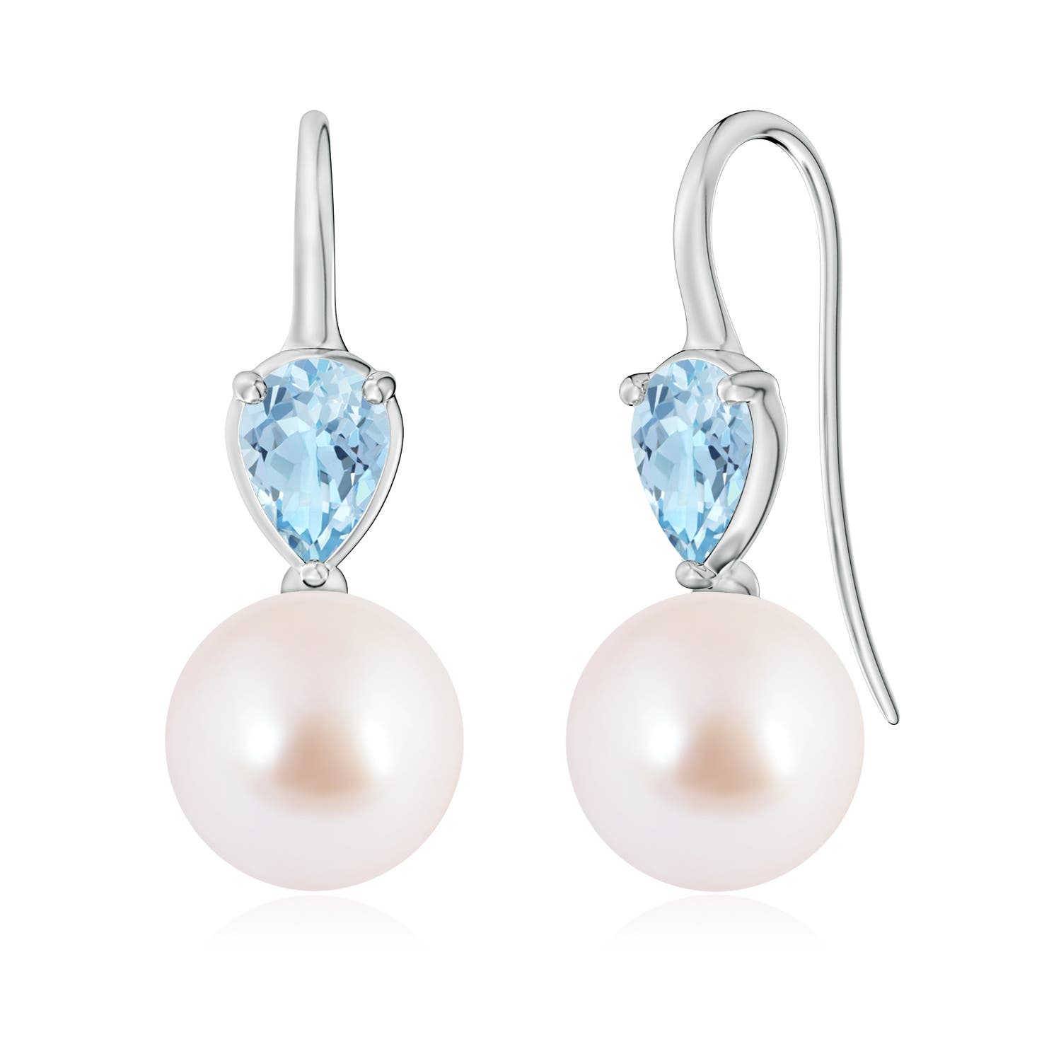 9mm AAA Akoya Pearl and Pear Aquamarine Ear Wire Earrings in 18K White Gold
