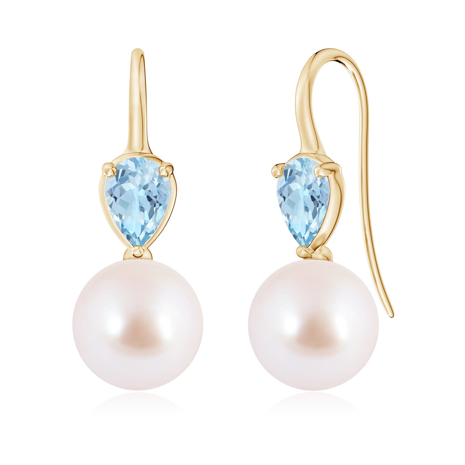 9mm AAA Akoya Pearl and Pear Aquamarine Ear Wire Earrings in Yellow Gold