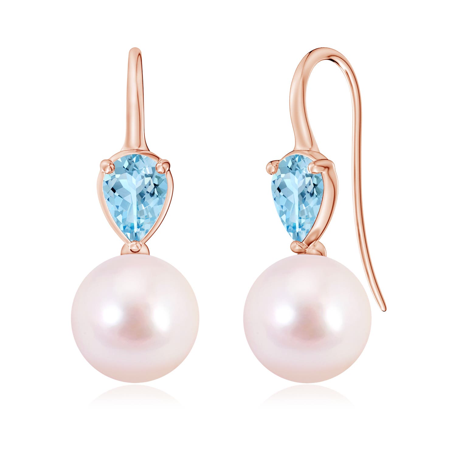 9mm AAAA Akoya Pearl and Pear Aquamarine Ear Wire Earrings in Rose Gold