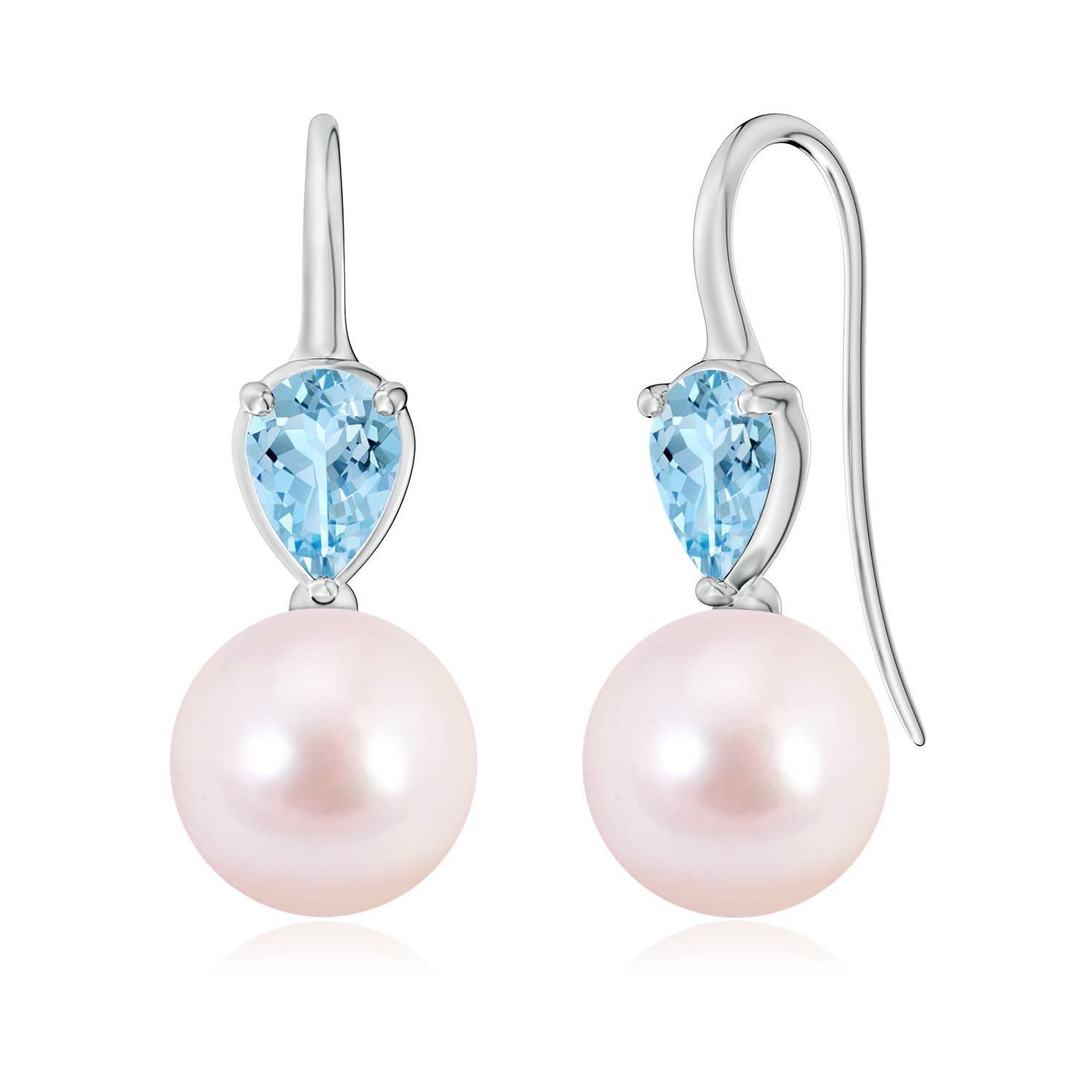 9mm AAAA Akoya Pearl and Pear Aquamarine Ear Wire Earrings in White Gold