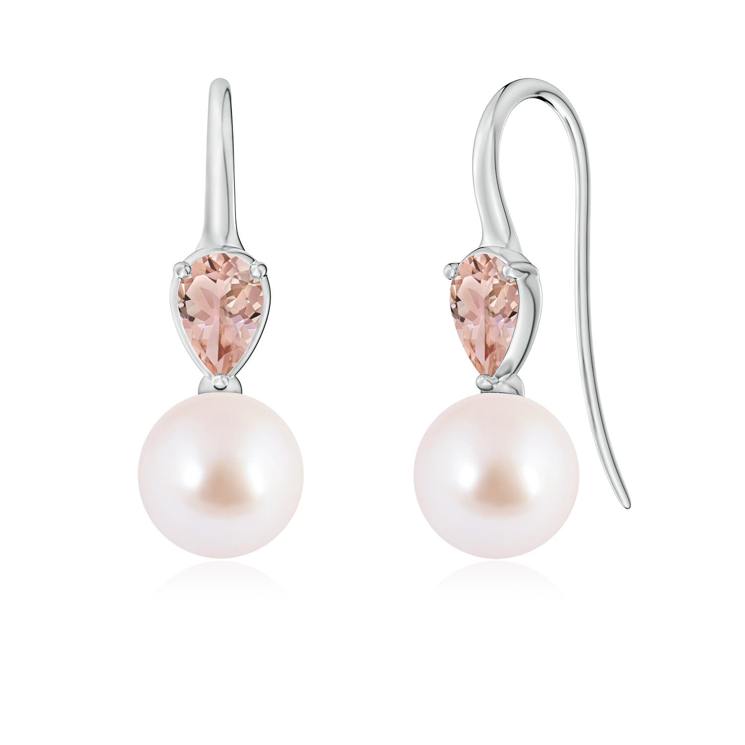 8mm AAA Akoya Pearl and Pear Morganite Ear Wire Earrings in White Gold