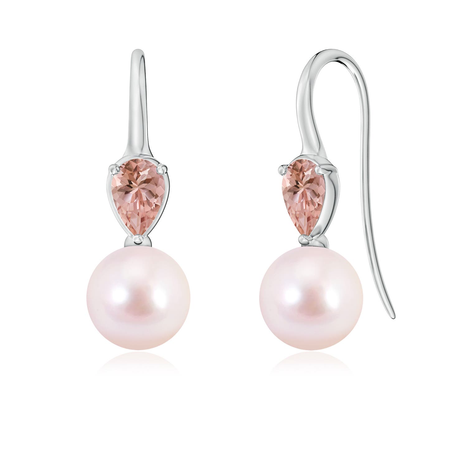 8mm AAAA Akoya Pearl and Pear Morganite Ear Wire Earrings in 18K White Gold