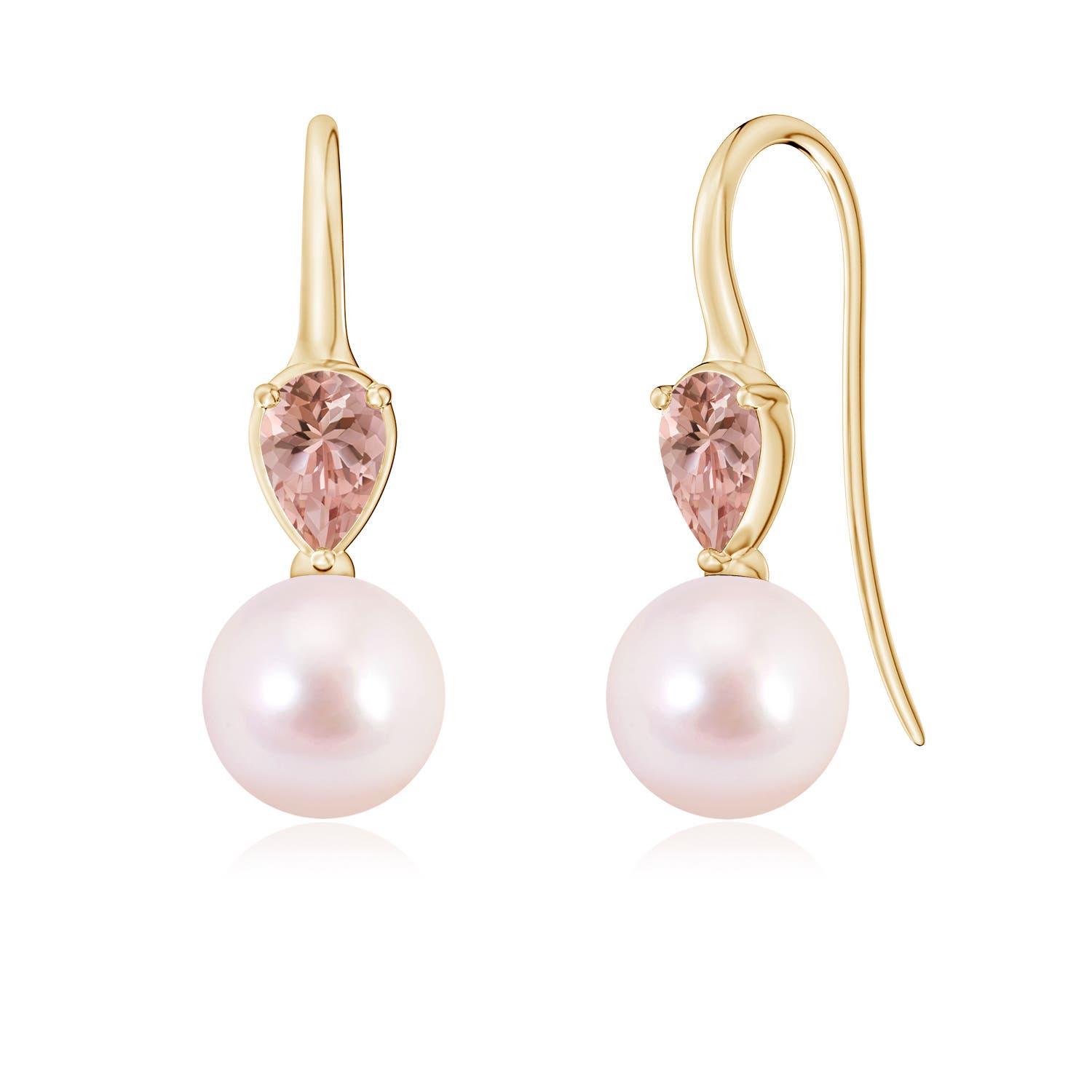 8mm AAAA Akoya Pearl and Pear Morganite Ear Wire Earrings in Yellow Gold