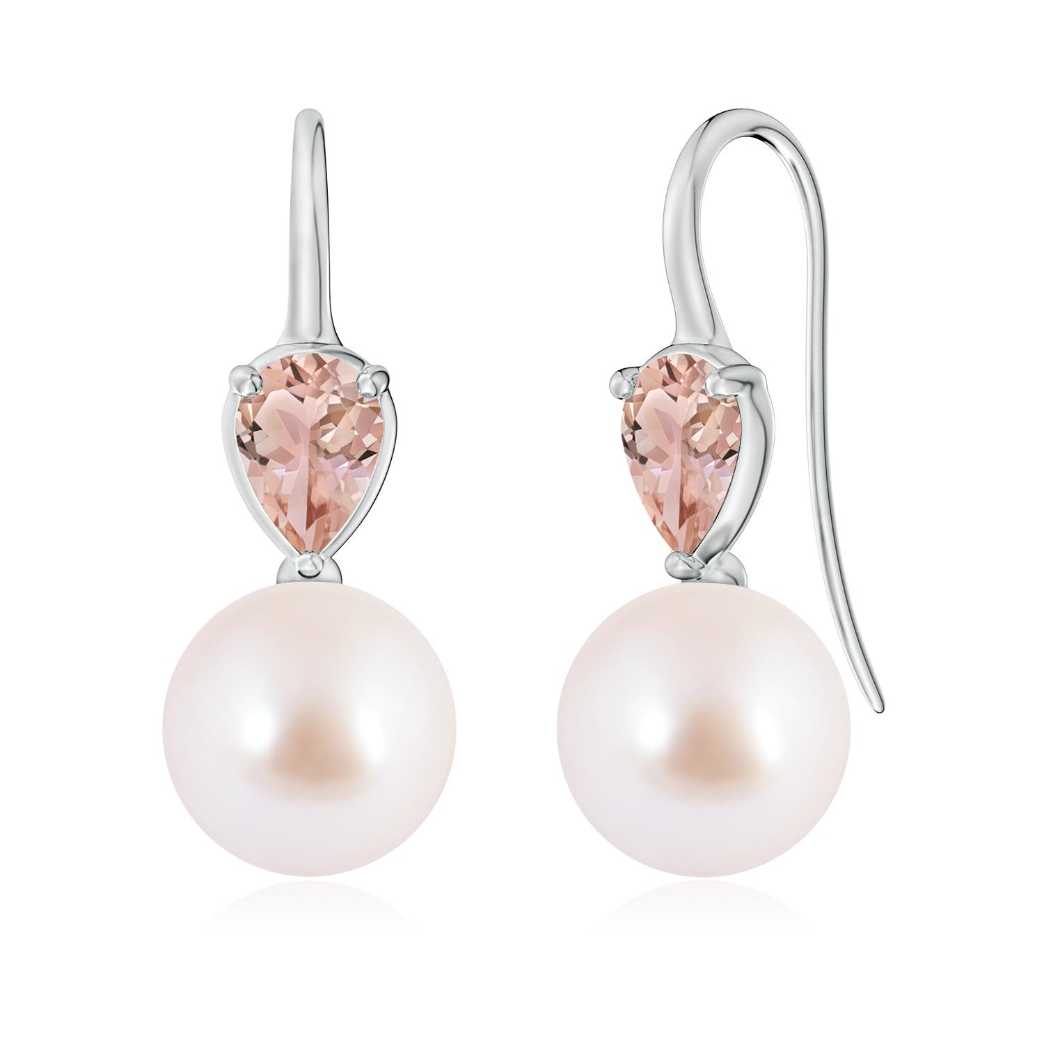 9mm AAA Akoya Pearl and Pear Morganite Ear Wire Earrings in 18K White Gold