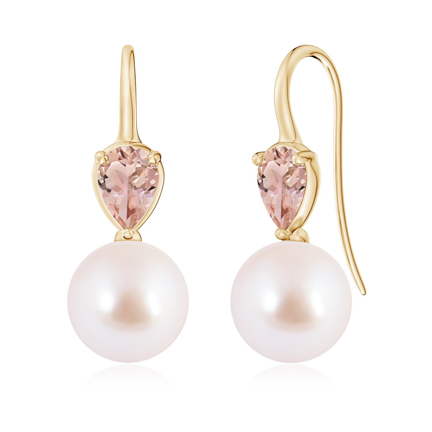 9mm AAA Akoya Pearl and Pear Morganite Ear Wire Earrings in Yellow Gold