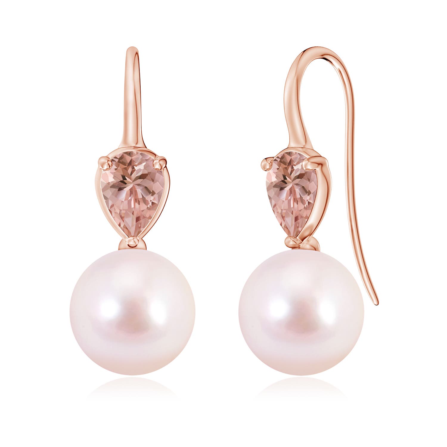 9mm AAAA Akoya Pearl and Pear Morganite Ear Wire Earrings in Rose Gold