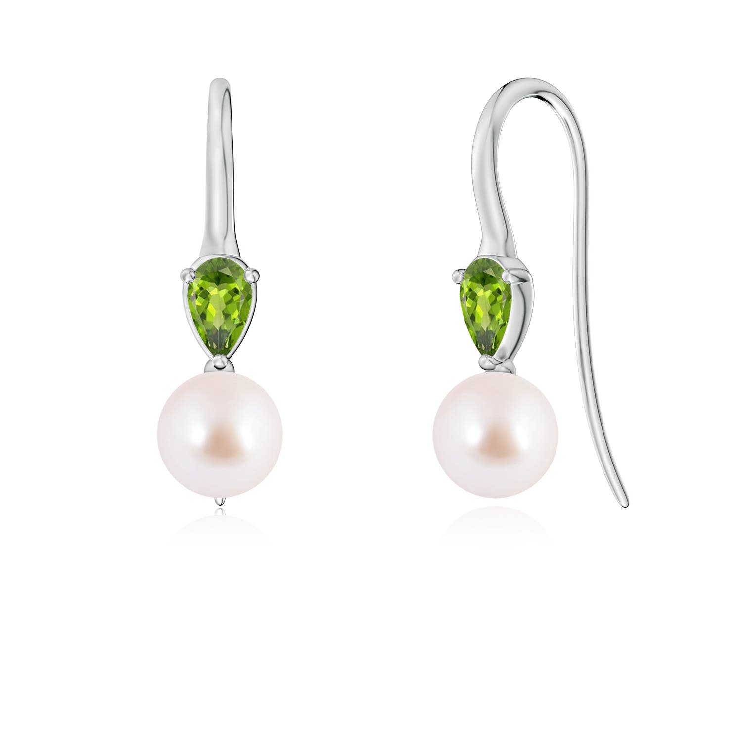6mm AAA Akoya Pearl and Pear Peridot Ear Wire Earrings in White Gold