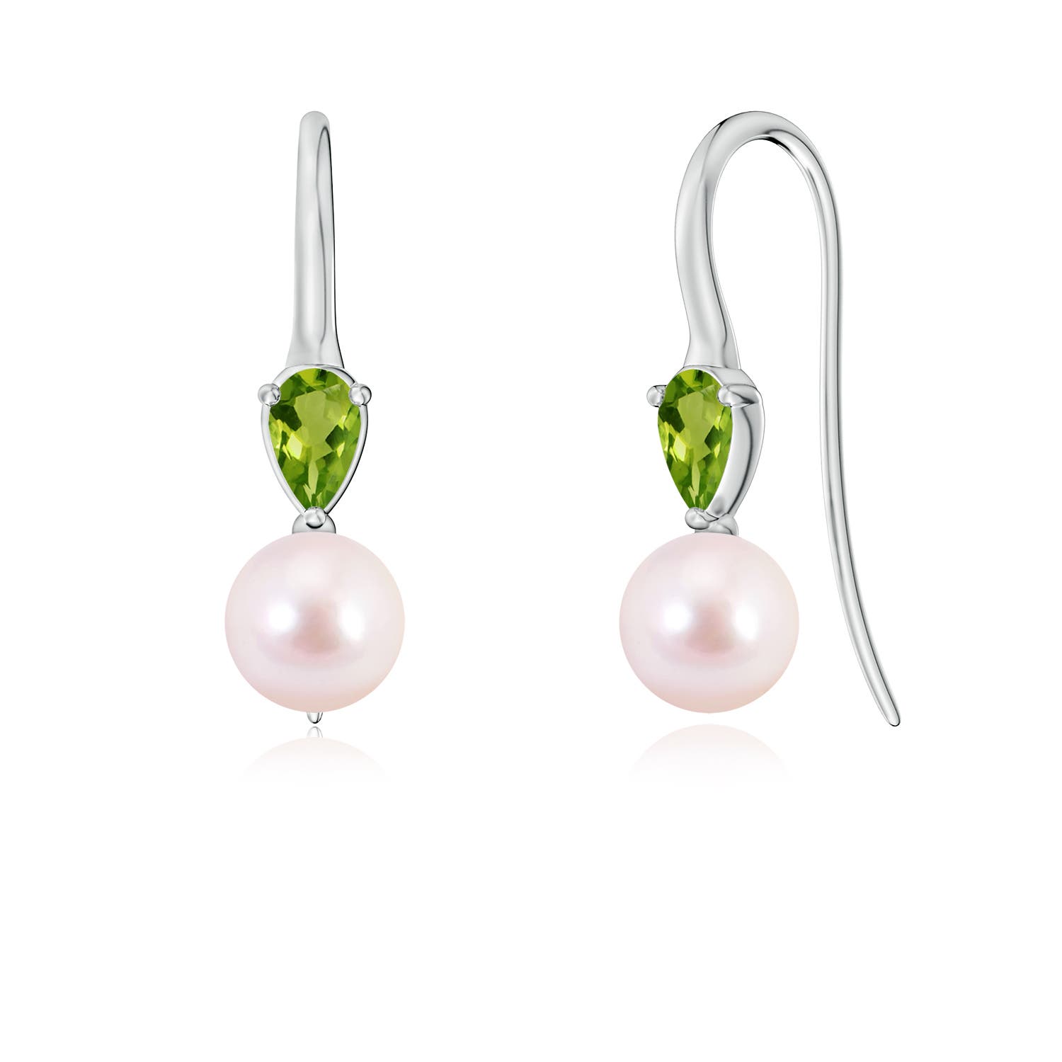 6mm AAAA Akoya Pearl and Pear Peridot Ear Wire Earrings in 18CT White Gold