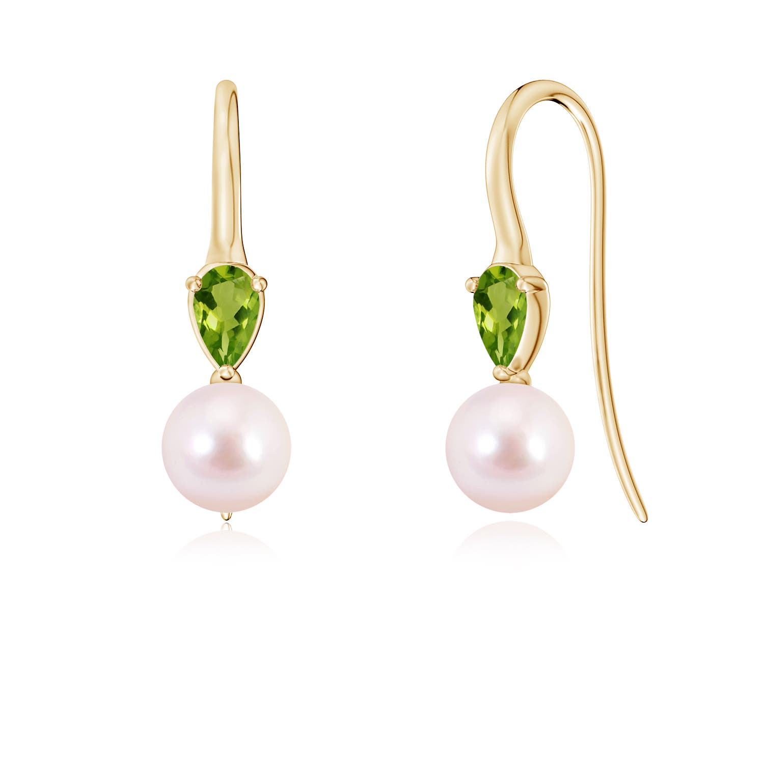 6mm AAAA Akoya Pearl and Pear Peridot Ear Wire Earrings in 18K Yellow Gold