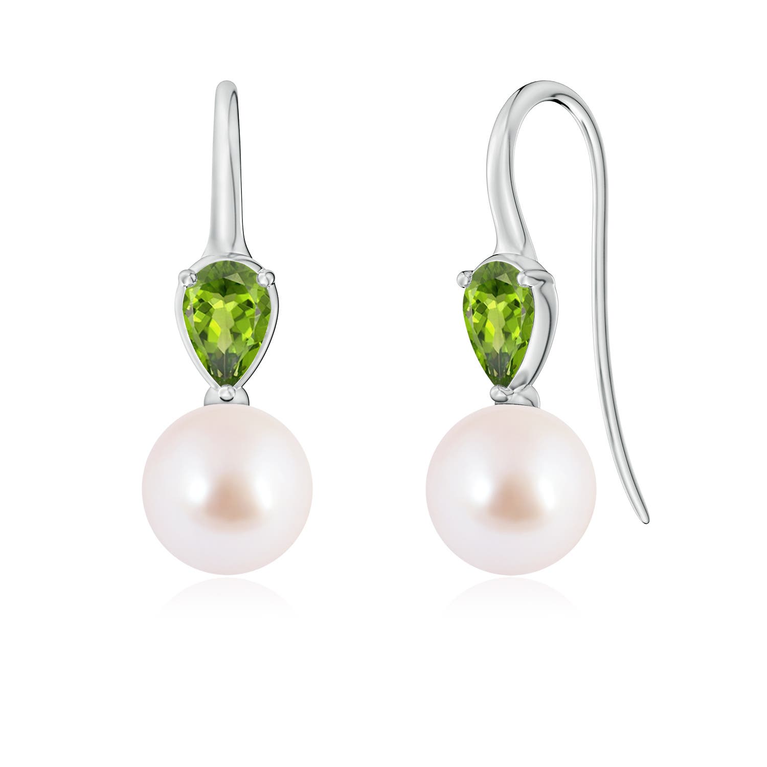 8mm AAA Akoya Pearl and Pear Peridot Ear Wire Earrings in White Gold