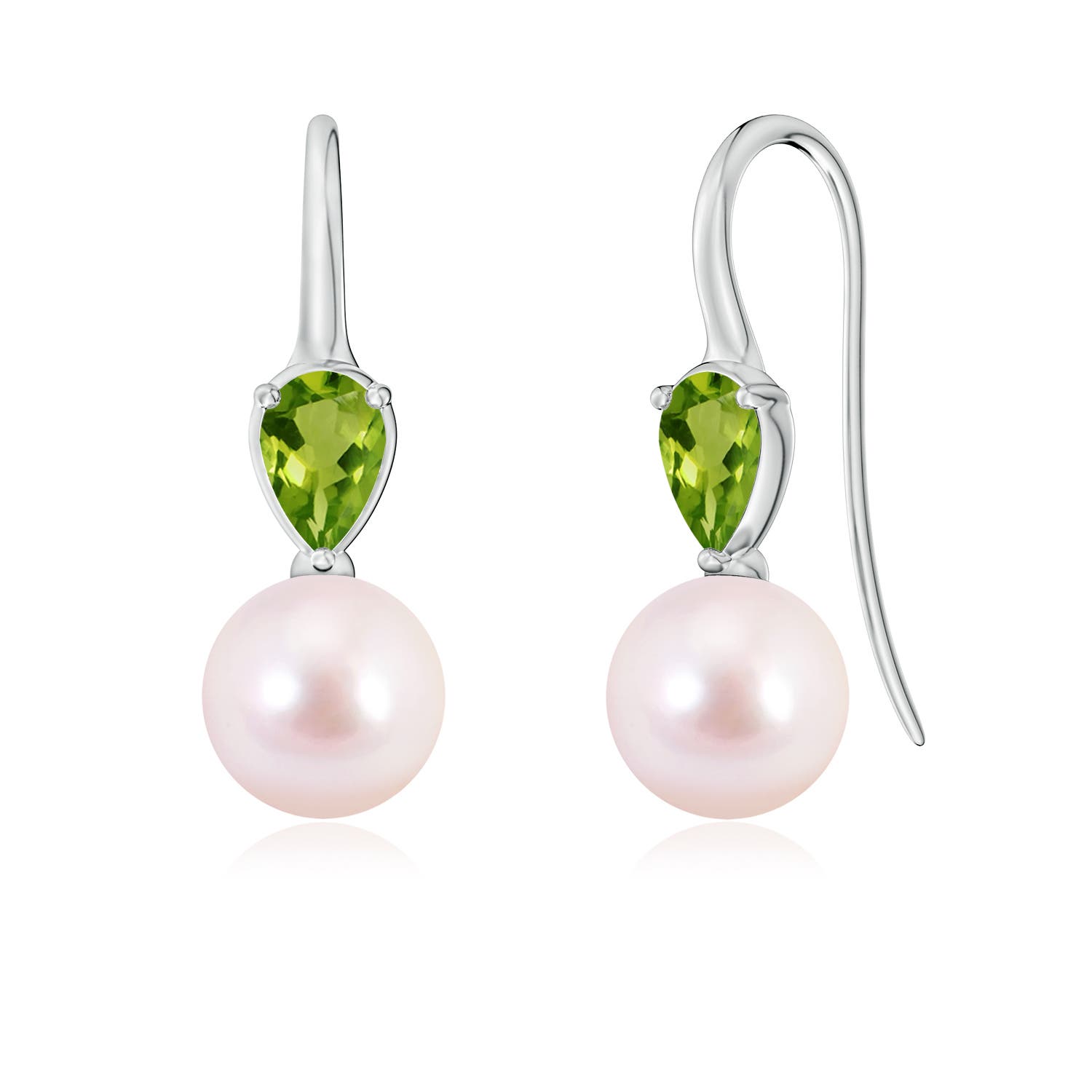 8mm AAAA Akoya Pearl and Pear Peridot Ear Wire Earrings in 18K White Gold
