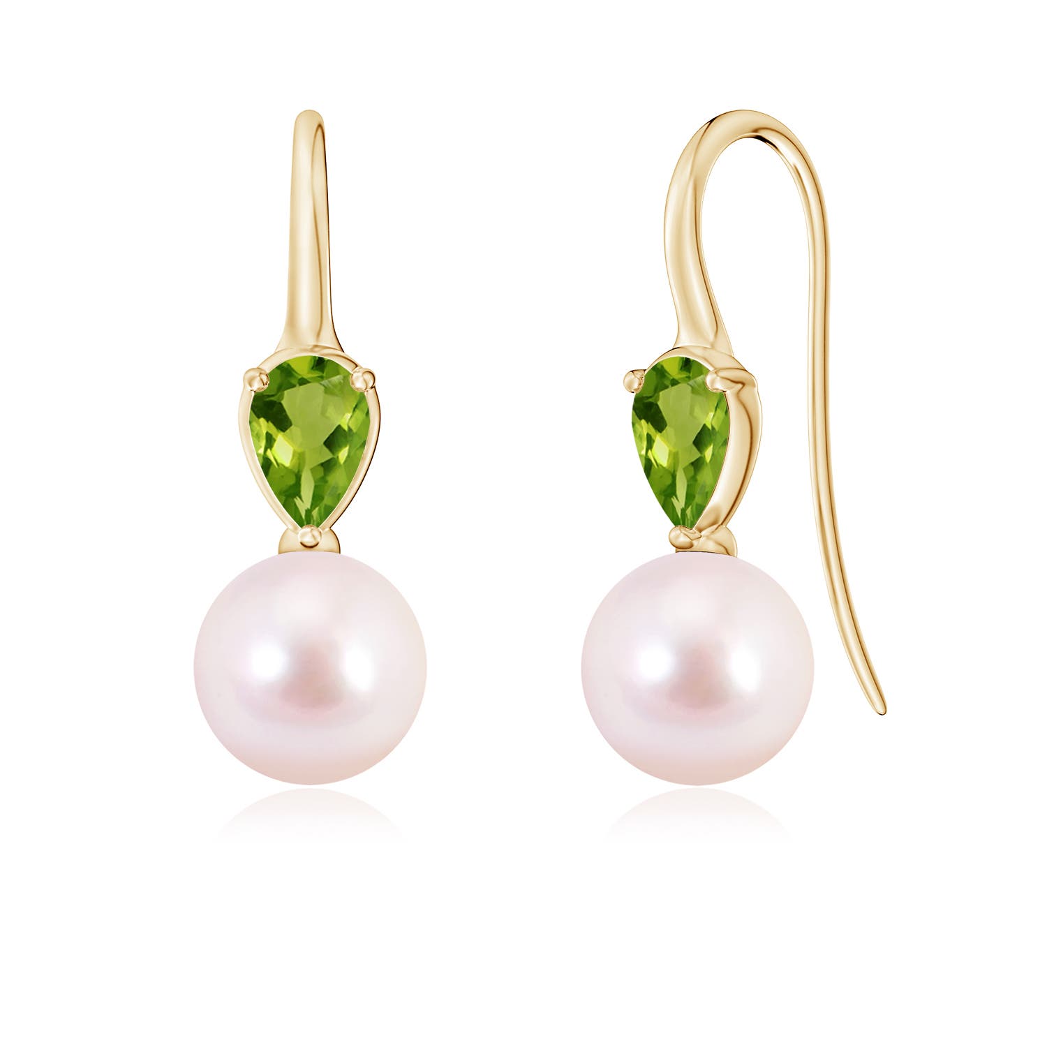8mm AAAA Akoya Pearl and Pear Peridot Ear Wire Earrings in 18K Yellow Gold