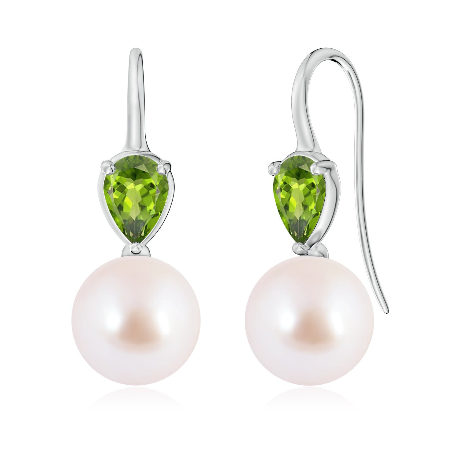 9mm AAA Akoya Pearl and Pear Peridot Ear Wire Earrings in 18K White Gold