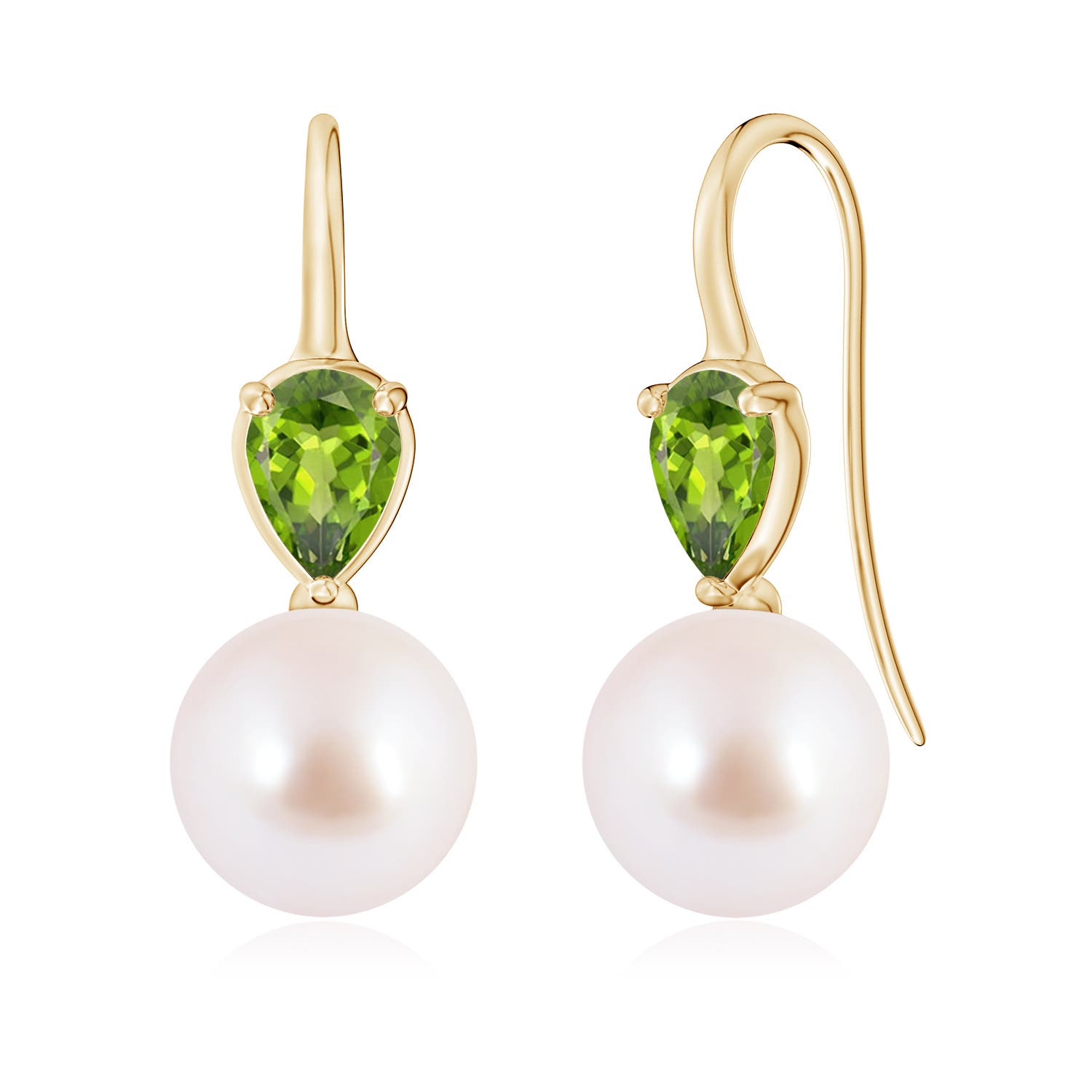 9mm AAA Akoya Pearl and Pear Peridot Ear Wire Earrings in Yellow Gold