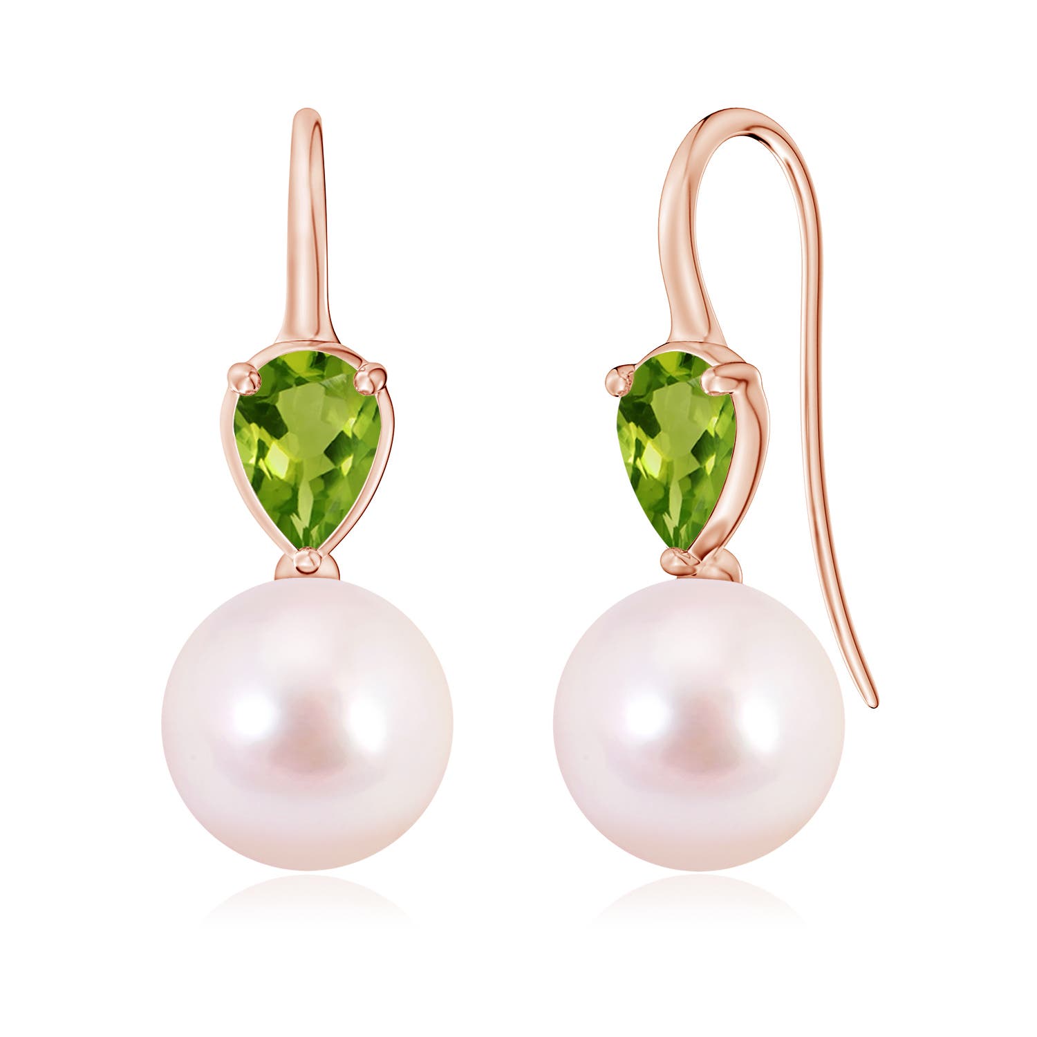 9mm AAAA Akoya Pearl and Pear Peridot Ear Wire Earrings in Rose Gold