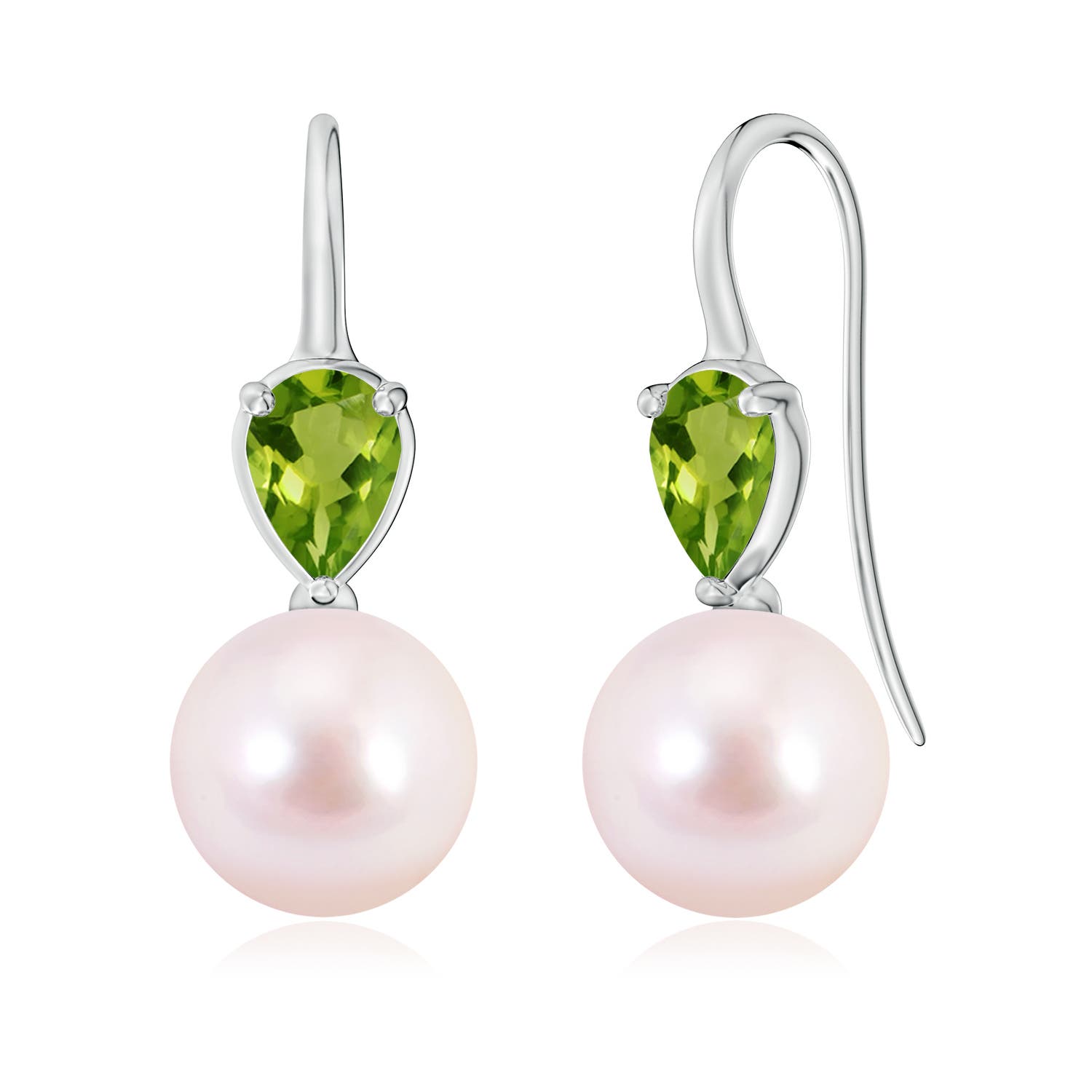 9mm AAAA Akoya Pearl and Pear Peridot Ear Wire Earrings in White Gold