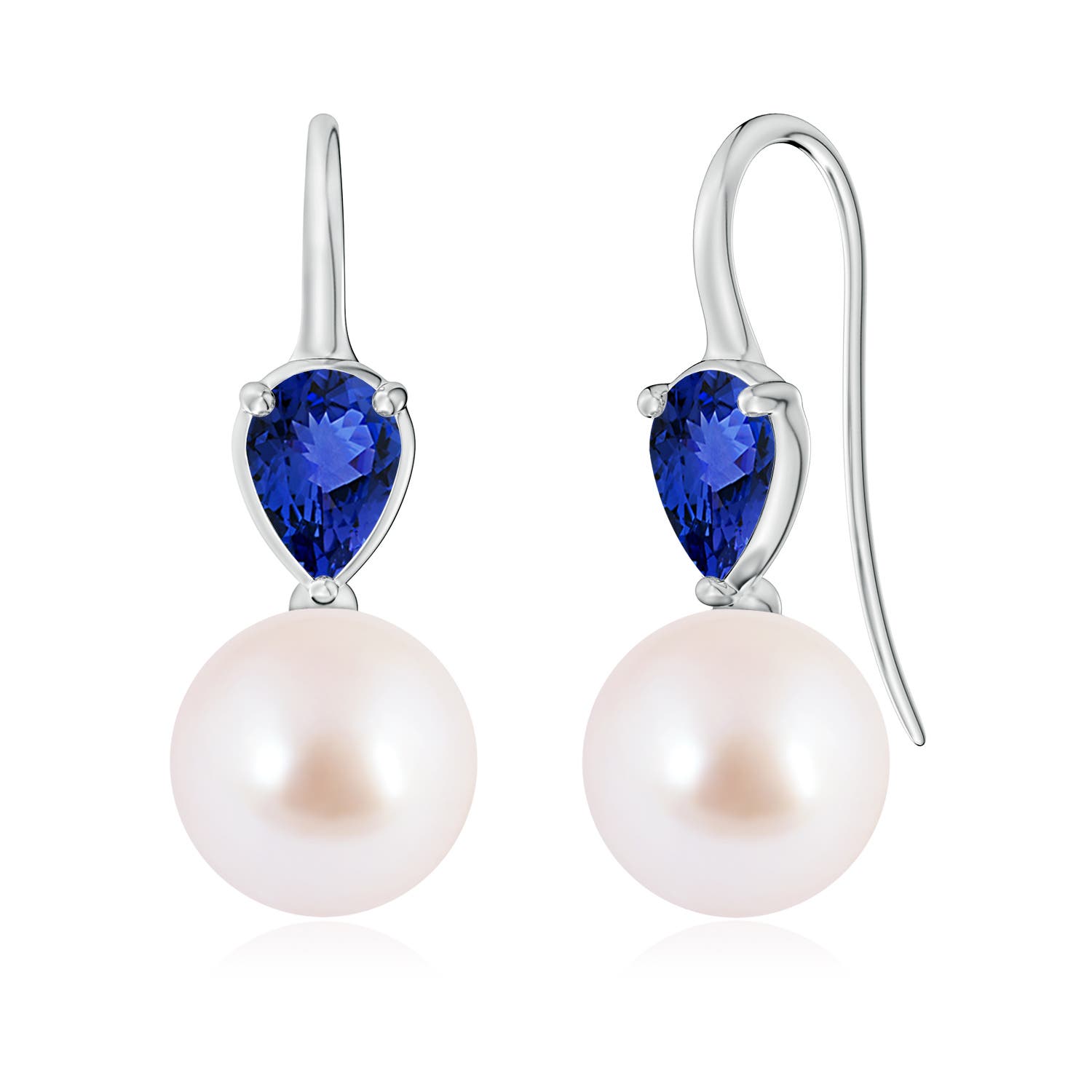 10mm AAA Akoya Pearl and Pear Tanzanite Ear Wire Earrings in White Gold