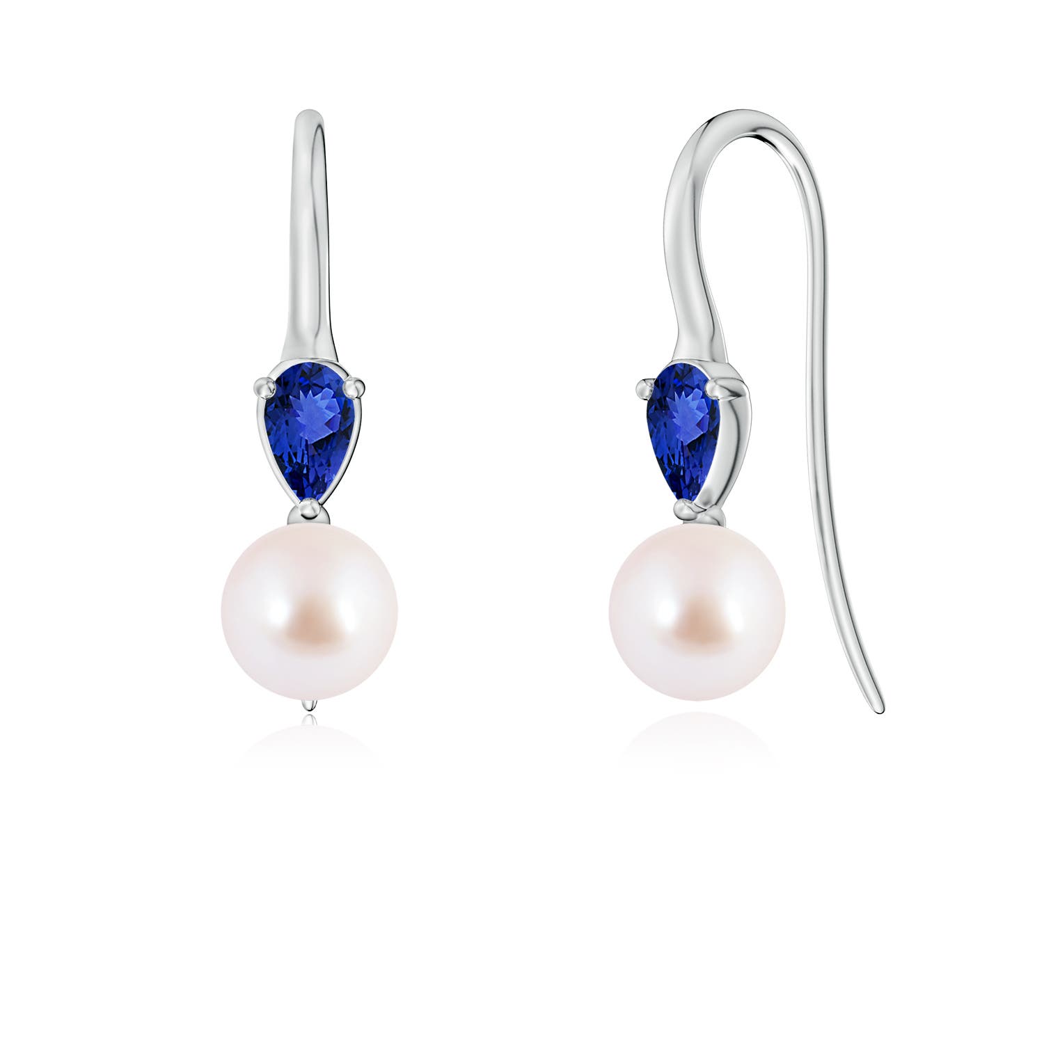 6mm AAA Akoya Pearl and Pear Tanzanite Ear Wire Earrings in White Gold