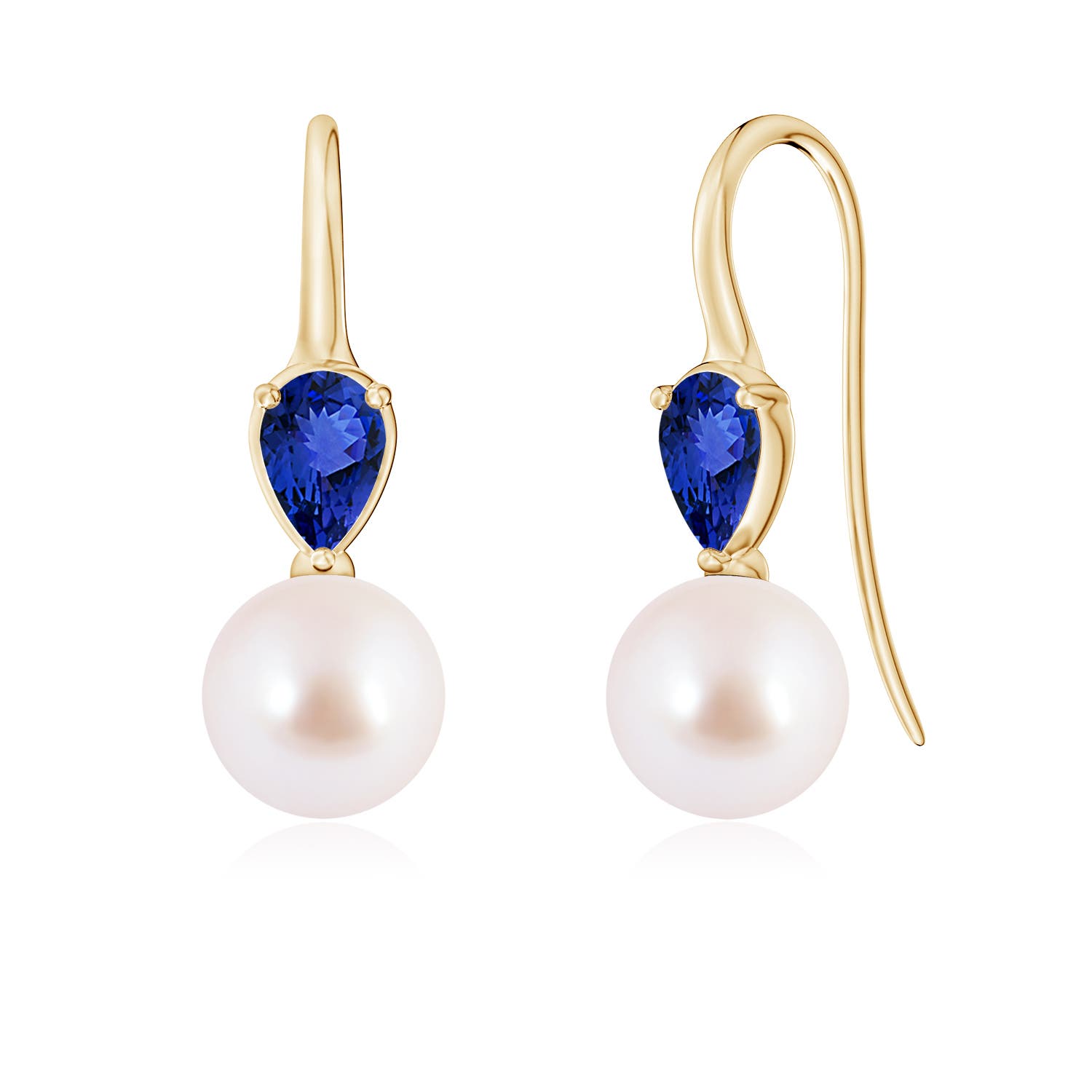 8mm AAA Akoya Pearl and Pear Tanzanite Ear Wire Earrings in Yellow Gold