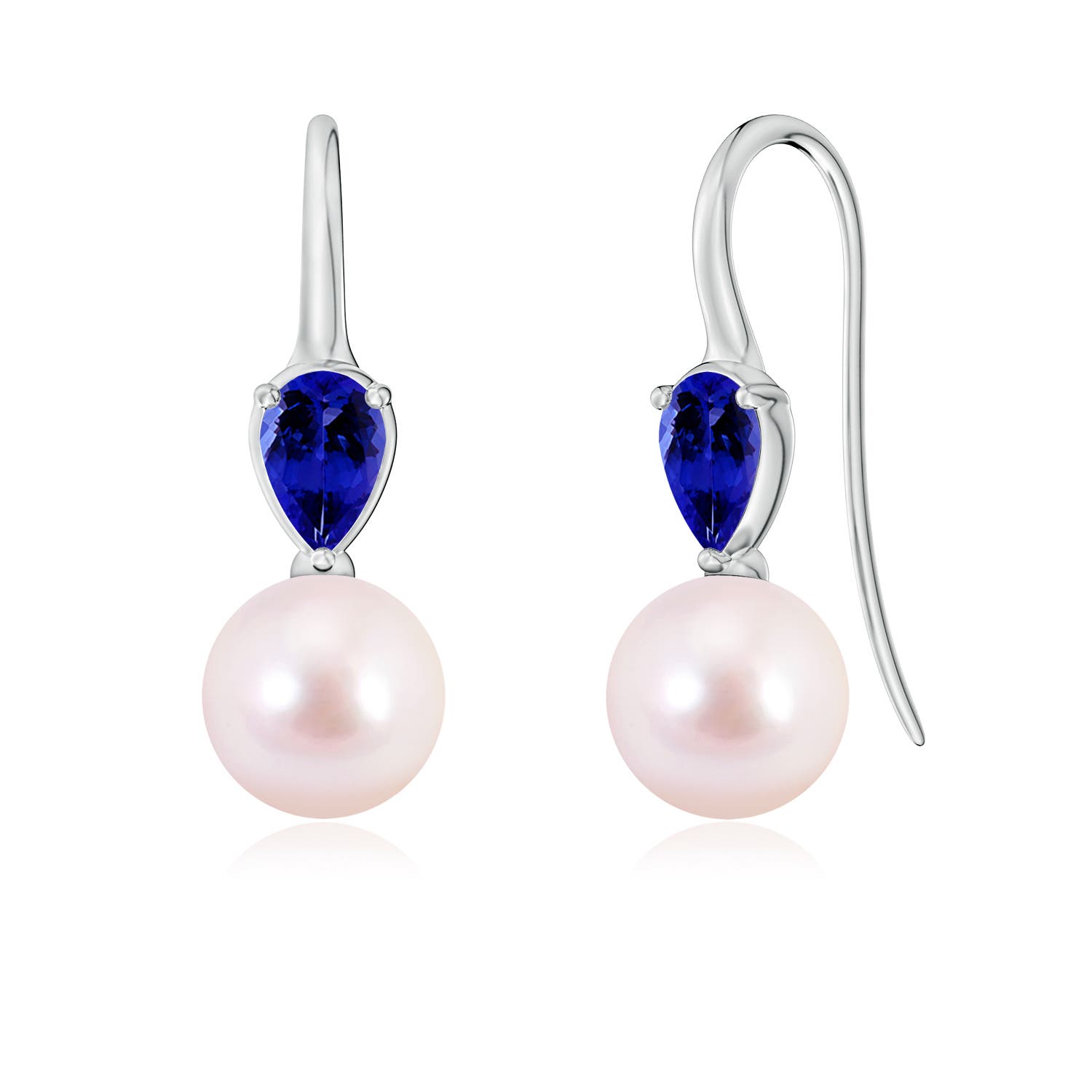 8mm AAAA Akoya Pearl and Pear Tanzanite Ear Wire Earrings in White Gold