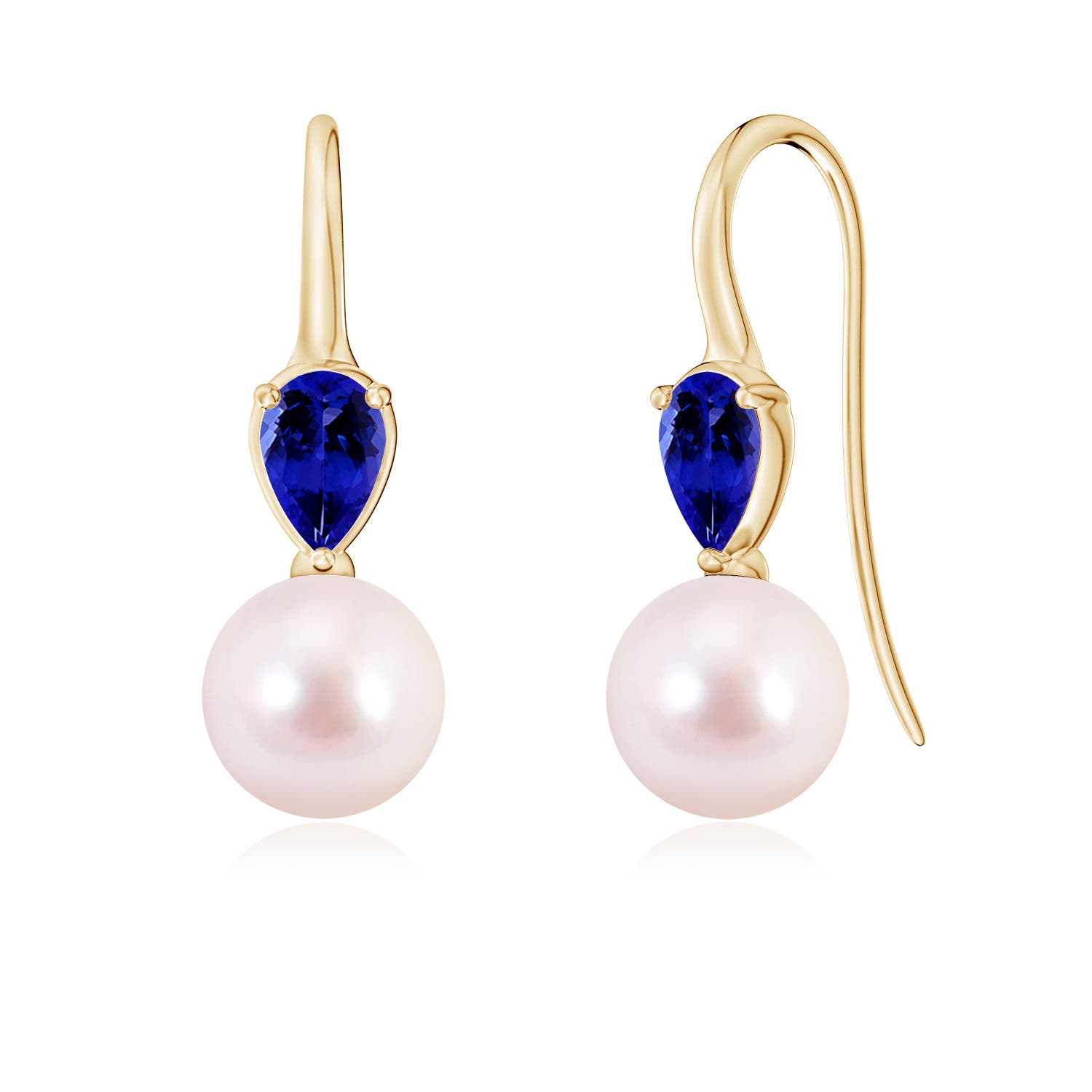 8mm AAAA Akoya Pearl and Pear Tanzanite Ear Wire Earrings in Yellow Gold