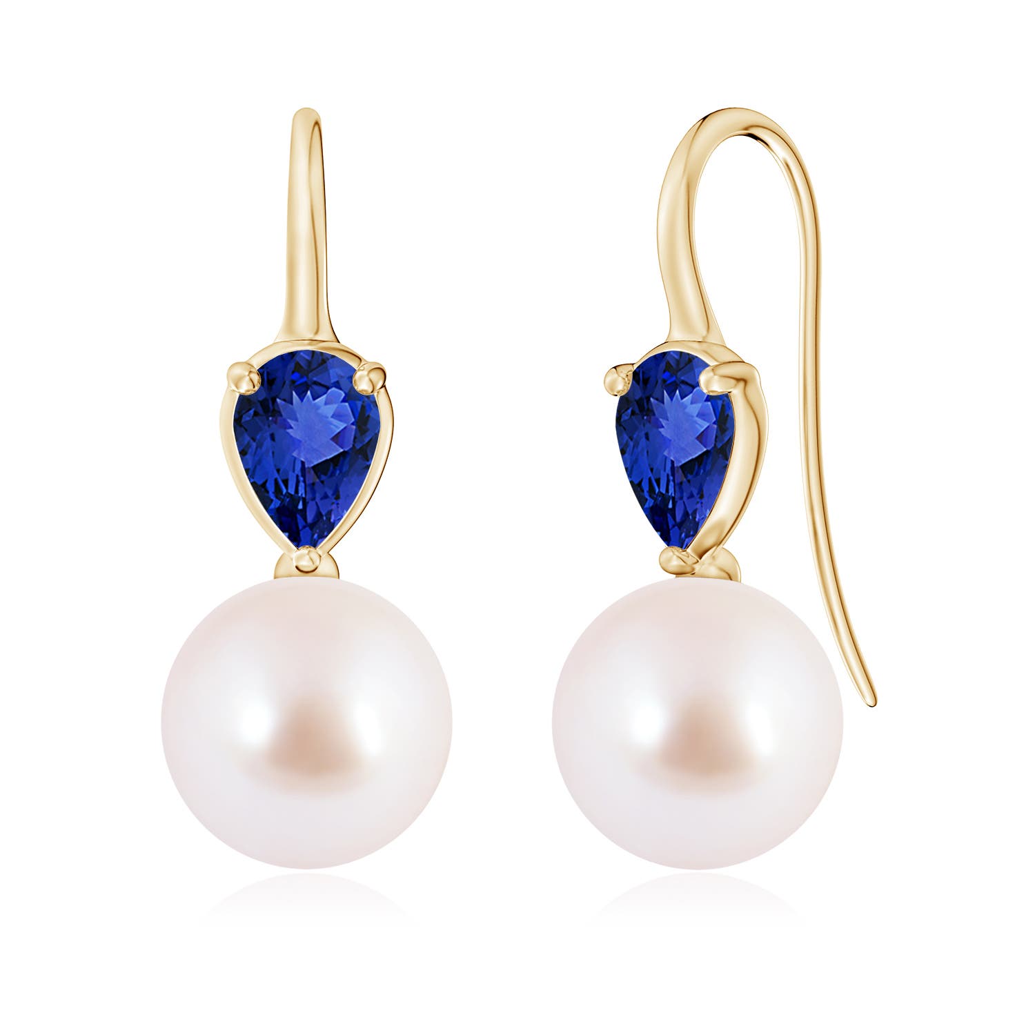 9mm AAA Akoya Pearl and Pear Tanzanite Ear Wire Earrings in Yellow Gold