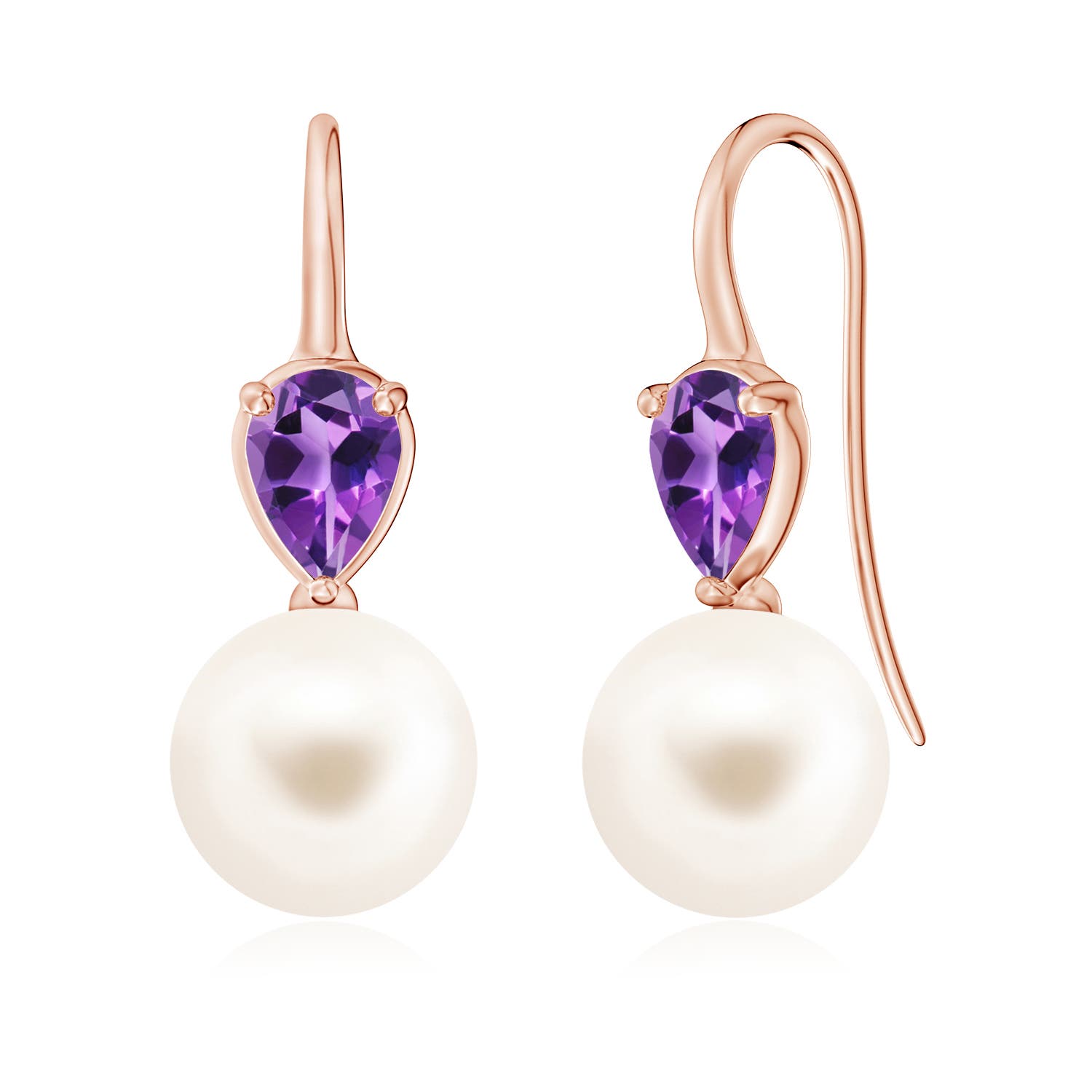 10mm AAA Freshwater Pearl and Pear Amethyst Ear Wire Earrings in Rose Gold